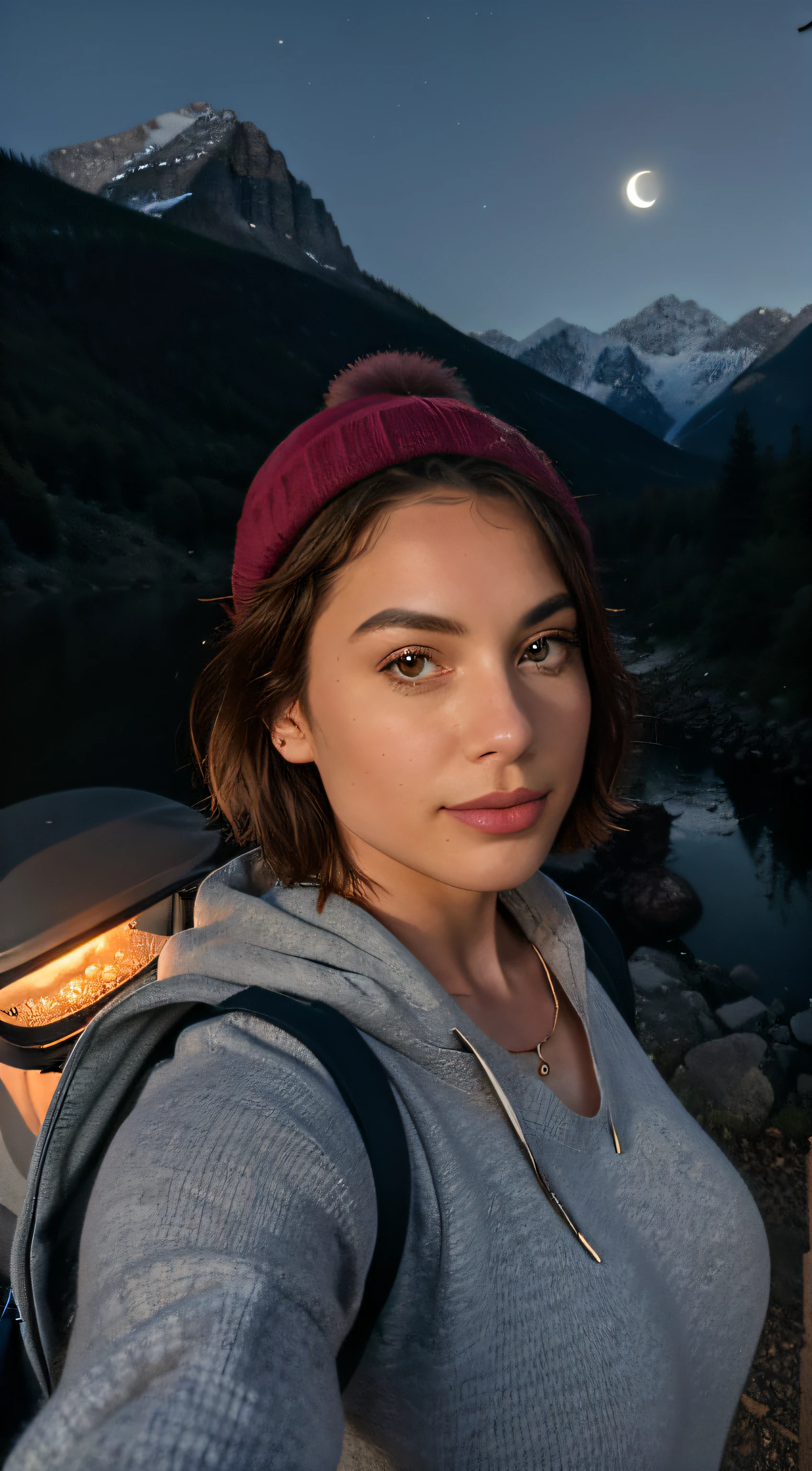 fotorrealista, best quality, hiper detalhado, Beautiful woman, foto selfie, parte superior do corpo, sozinho, wearing pullover, ao ar livre, (noite), montanhas, natureza da vida real, estrelas, ..lua, (Alegre, Feliz), Saco de dormir, Luvas, sweater, bonnet, lanterna, em casa, madeira, smoke billowing, mistborn, clear sky, analogue style, Olhando para o Viewer, textura da pele, filmic grain, fechar para cima, ultra high-resolution, melhor sombra, ..RAW, LUT do Instagram. Make as mock-up for graphic design.