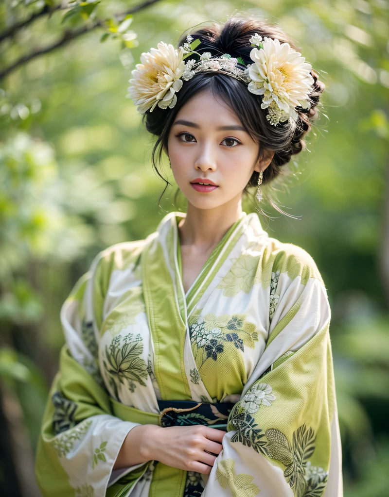 (Beautiful model in Japanese kimono commercial), (solo), ((face is 70% beauty and elegance, 30% pretty and cute:1.5)), (Her roots are in Eastern Europe and Asia), clear eyes, (detailed eyes, light green eyes, bright pupils), Double Eyelids, (sexy lips with a little thickness:1.2), super detailed and incredibly high resolution Kimono, Highly Detailed Face Texture, striking body shape, curvy and very attractive woman, The color of the kimono is 60% white and 30% macha-green and black 10%, high-resolution RAW color photo pro photo, BREAK ultra high-resolution textures, High-res body rendering, big eyes, unparalleled masterpiece, incredible high resolution, super detailed, stunning ceramic skin, BREAK (Wearing a white kimono with plenty of bright matcha green color), (The main color is gentle white, the bright matcha green stands out, and black is used as an accent), (elaborately made classical Japanese white kimono), ((The pattern is boldly, bravely, and elegantly dyed with bright matcha green, and is delicately accented)), (A black obi that matches this kimono), ((A white kimono with delicate and elegant patterns in bright matcha green)), (The background is a dry landscape created with bright matcha green and black) BREAK ((Best Quality, 8k)), Crisp Focus:1.2, (Layer Cut, Big:1.2), (Beautiful Woman with Perfect Figure:1.4), (Beautifully shaped and big breasts:1.3), Slender waist, (Correct hand shape:1.5), (Full body shot | cowboy shot | back view)