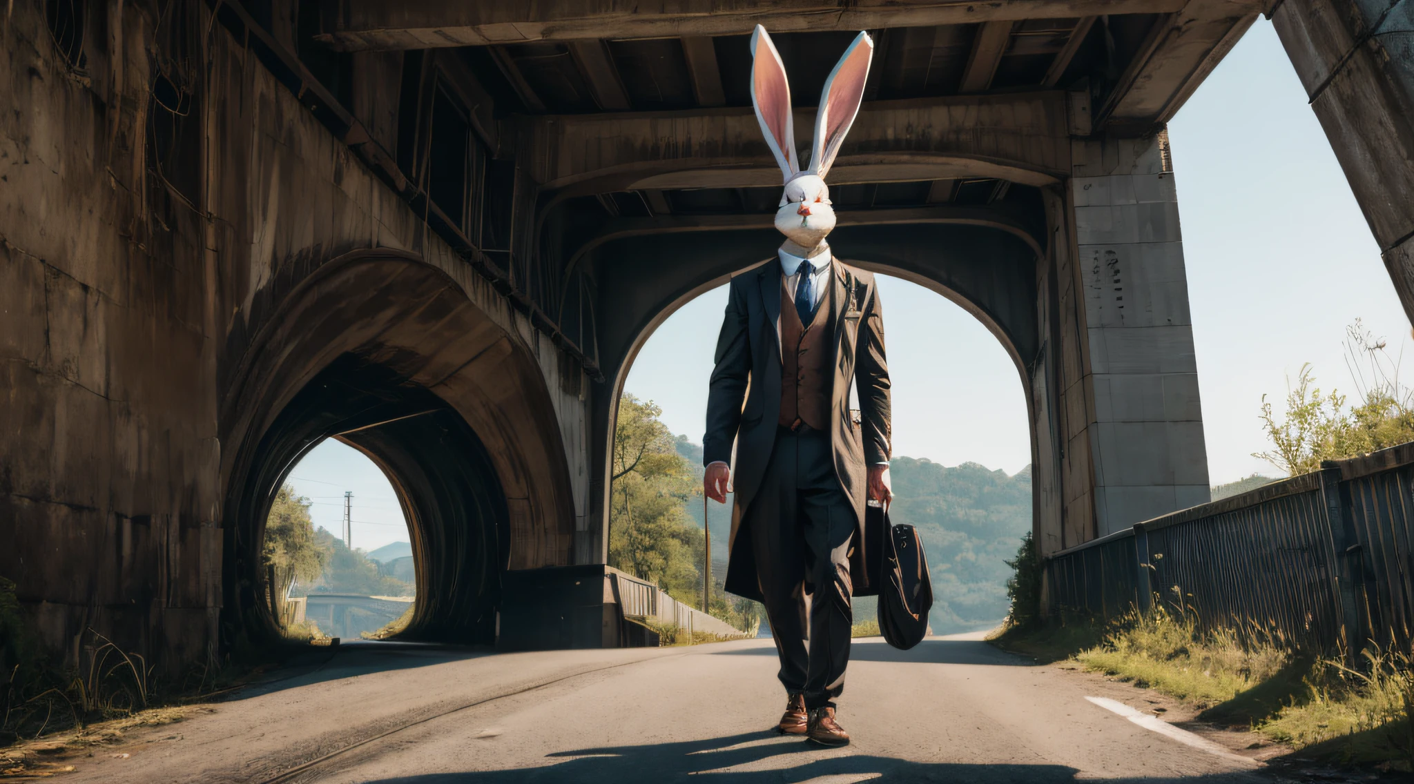 Design an image that portrays the enduring legend of the Bunny Man, with modern-day people reporting sightings of a man dressed as a bunny under a bridge, accompanied by an air of dread."