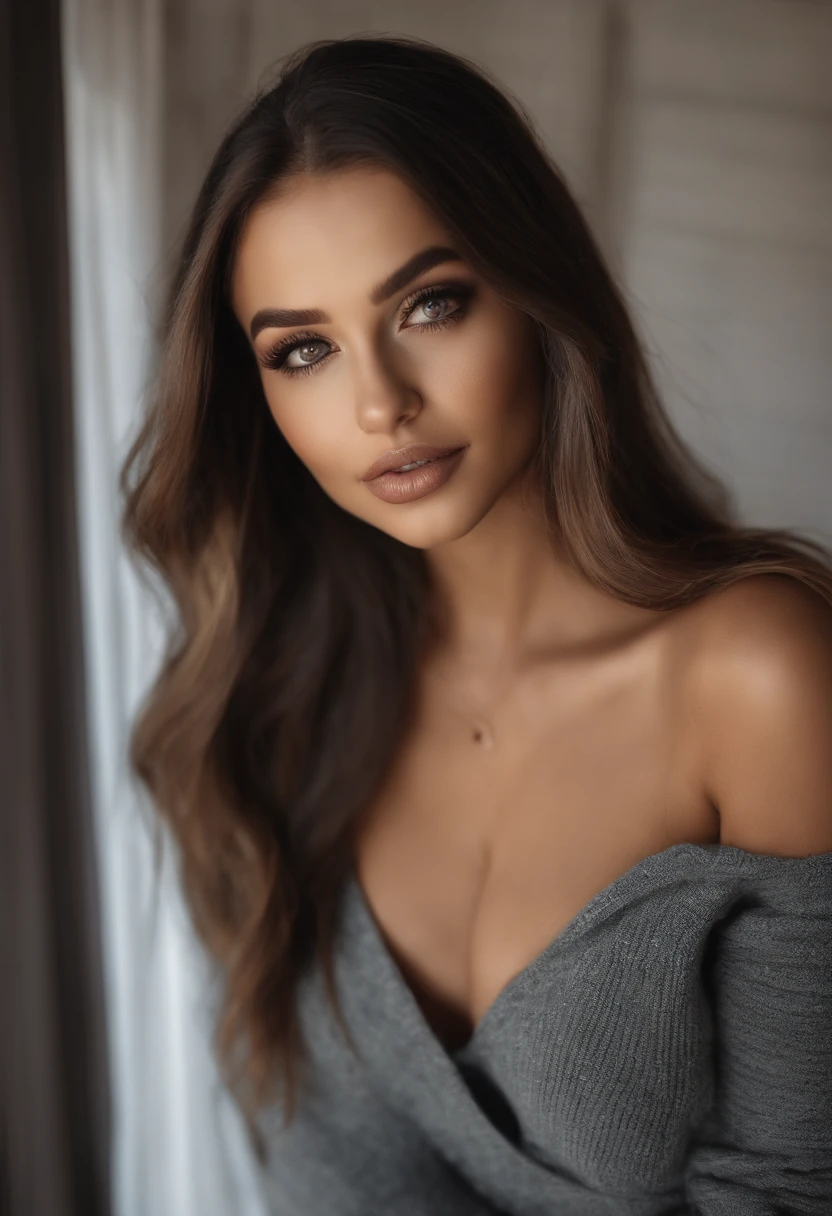 mulher arafed totalmente ,  com olhos castanhos, ultra realistic, meticulosamente detalhado, Retrato Sophie Mudd, cabelos castanhos e olhos grandes, selfie de uma jovem mulher, Olhos do quarto, Violeta Myers, sem maquiagem, maquiagem natural, Looking directly at the camera, Rosto com ArtGram, maquiagem sutil, impressionante tiro de corpo inteiro ajoelhado na cama, no quarto, medium to large bust