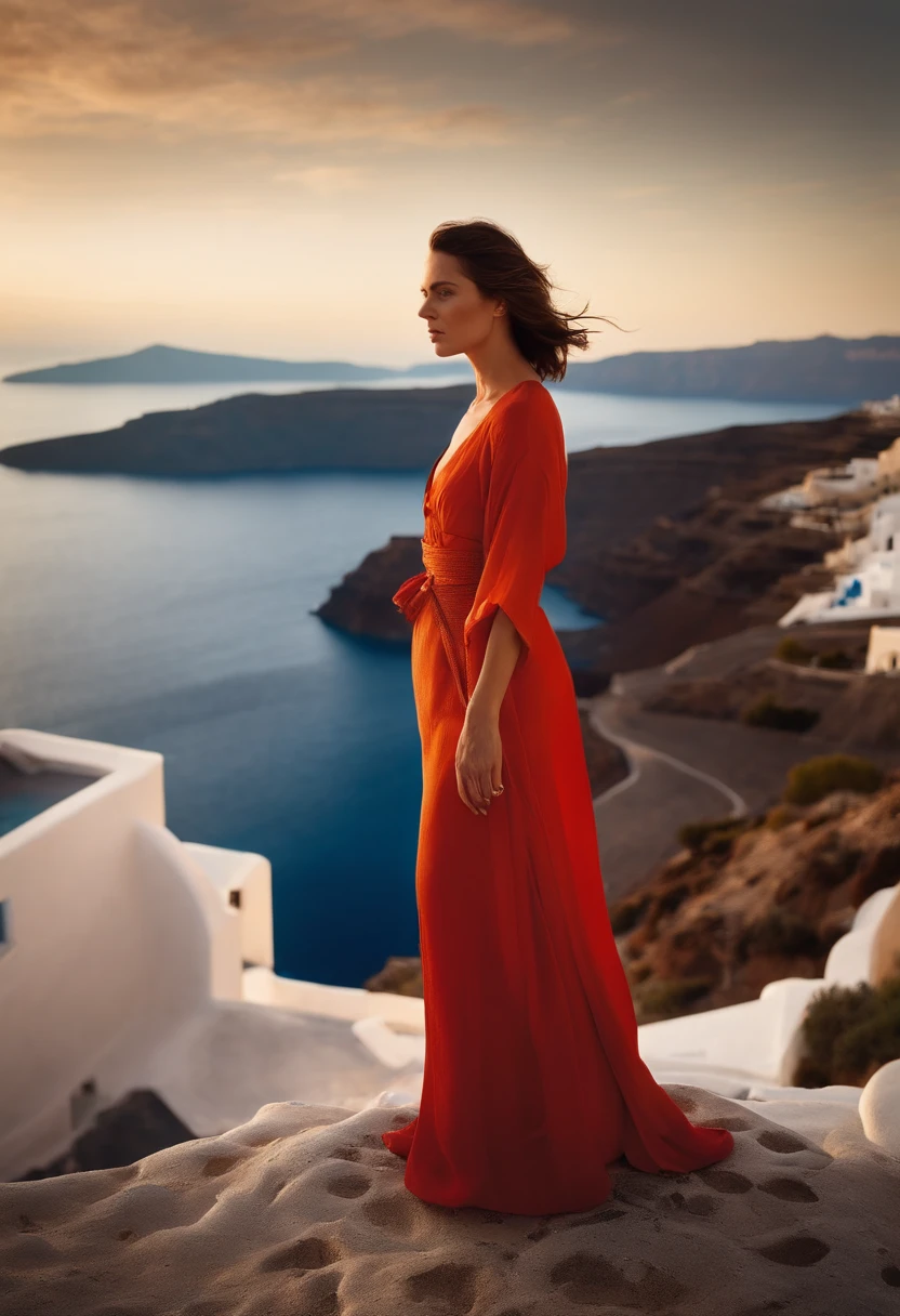 portrait of  brunette  woman, walking in Santorini, overlooking the picturesque caldera and volcanic islands, style by Flora Borsi, perfect haircut, Kimono and high-waisted pants,  by Annie Leibovitz, epic character composition,