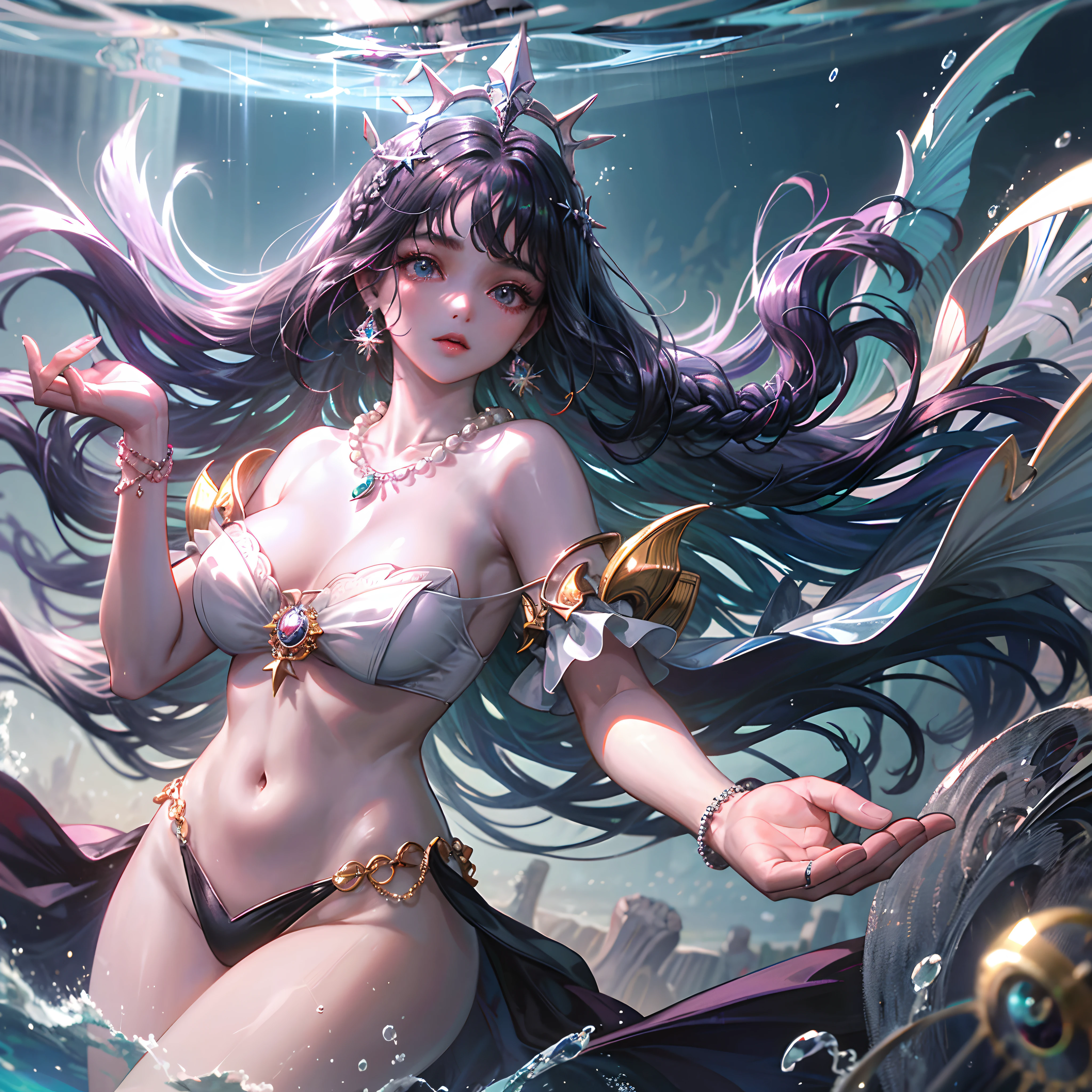 Melhor qualidade, high resolution, (super detalhado), 1 girl, sozinho, maduro, sereia (extremely long and braided black hair), head accessories, brincos, pearls necklace, elegante, Holy, colorido, Maior detalhe, underwater, Floating and messy hair in the sea, flor, back, sereia preta da cauda, humana do corpo superior, sereia bonita, sereia sedutora, sereia nadando de baixo do mar, mar brilhante, sereia maldoza, sereia do mal, a mulher mais bonita, rosto perfeito, cintura fina, cauda de peixe