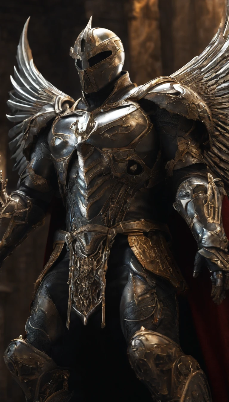 Cosmic Fallen Angel as superman suit style, Tyrael, Weapon holy swords in the hands, Glowing light eyes, biomechanical, eldritch, Creepy, nightmarish, Very bright colors, light particles, with luminous light, Wallpaper Art, UHD wallpaper,medieval garb