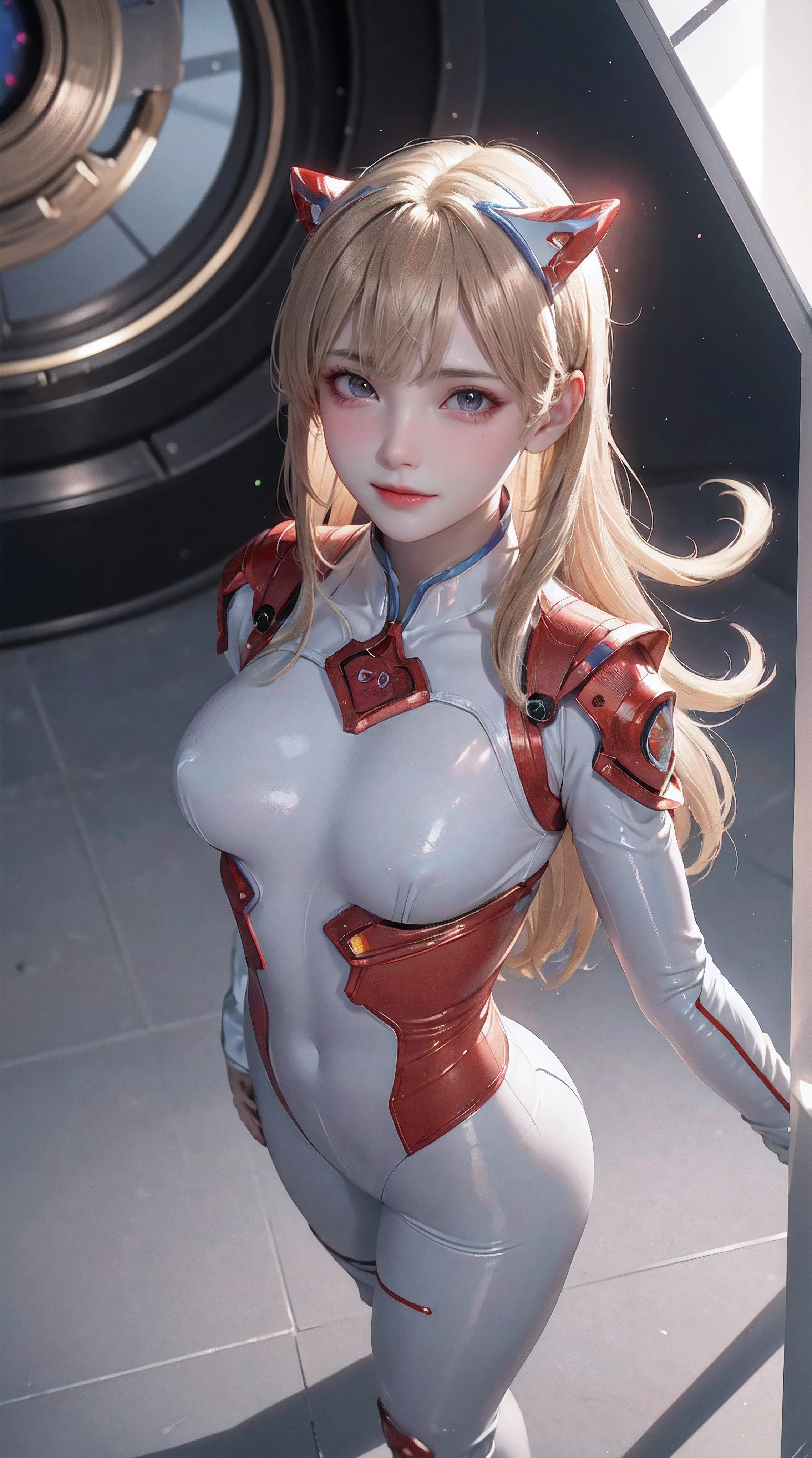 (Overhead view),dynamic angle,ultra-detailed, illustration, close-up, straight on, 1girl, 
 ((souryuu asuka langley, interface headset, red bodysuit:1.4, blonde)),Her eyes shone like dreamy stars,(glowing eyes:1.233),(beautiful and detailed eyes:1.1),(expressionless,closed mouth),(standing), 
(mechanic room with toolsand spaceship windowin a white SPACESHIP),
(night:1.2),dreamy, [[delicate fingers and hands:0.55]::0.85],(detail fingers),