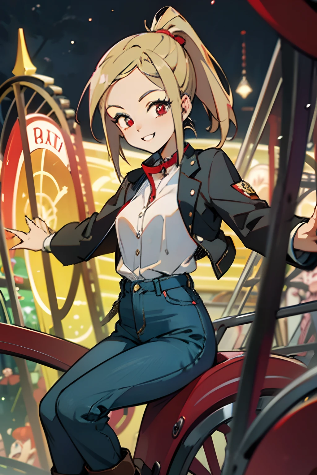 Beautuful Women、 Young handsome girl, small tits, Blonde Hair Ponytail、Red Eyes:1.2, Sexy Girl, professional attire:1.3, 18 years old: 1.1, Detailed Red Riders Jacket:1.2、Blue collar shirt, Skinny denim pants:1.2, Leather boots, Beautiful detailed skin, Cute:1.2, drooping eyes:1.2, Straight teeth,Smile, Floating hair, Gray background, Solo Focus, (bustshot:1.2), Cinematic Light, (Nostalgic night view:1.4), (amusement park:1.4), (merry-go-round、the Ferris wheel、rollercoaster),Looking at Viewer:1.2