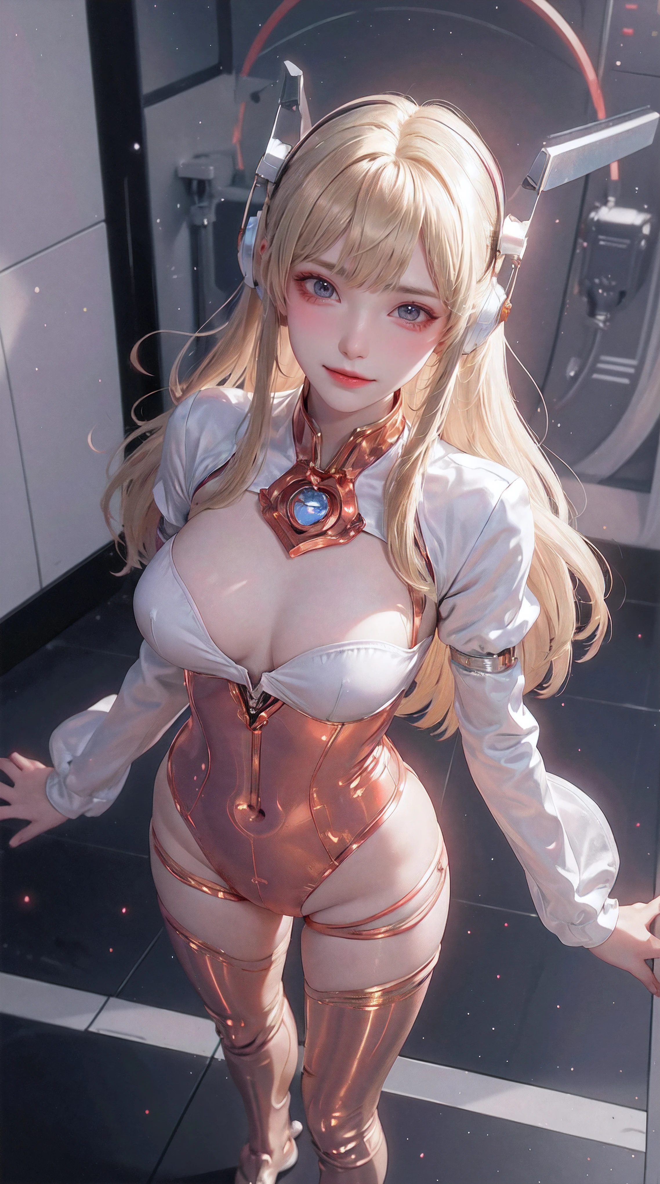 (Overhead view),dynamic angle,ultra-detailed, illustration, close-up, straight on, 1girl, 
 ((souryuu asuka langley, interface headset, red bodysuit:1.4, blonde)),Her eyes shone like dreamy stars,(glowing eyes:1.233),(beautiful and detailed eyes:1.1),(expressionless,closed mouth),(standing), 
(mechanic room with toolsand spaceship windowin a white SPACESHIP),
(night:1.2),dreamy, [[delicate fingers and hands:0.55]::0.85],(detail fingers),