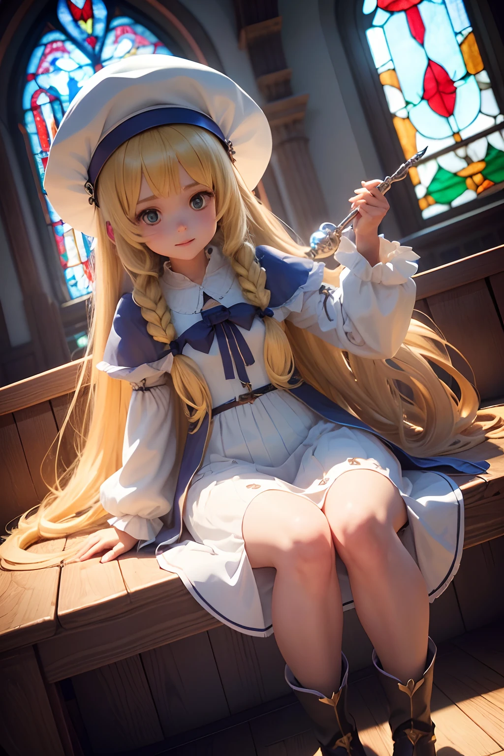 (1girl in),( absurdly , High quality , ultra-detailliert ),(Summer in the morning),(masutepiece),(Stained Glass Church),(long-haired blonde twin-tails),（Blue long cleric robe）,Cleric Hat,(Cute 3D anime petite girl rendering),Super Detailed Beautiful Girl,bowing,Laughing,watching at viewers,Wearing long boots,Has big angel wings,Halo,heart mark, Full body portrait, Perfect face and nice perfect face, Surreal concept, 8K resolution, photographic quality,long  skirt,I have a big magic tin wand in both hands
