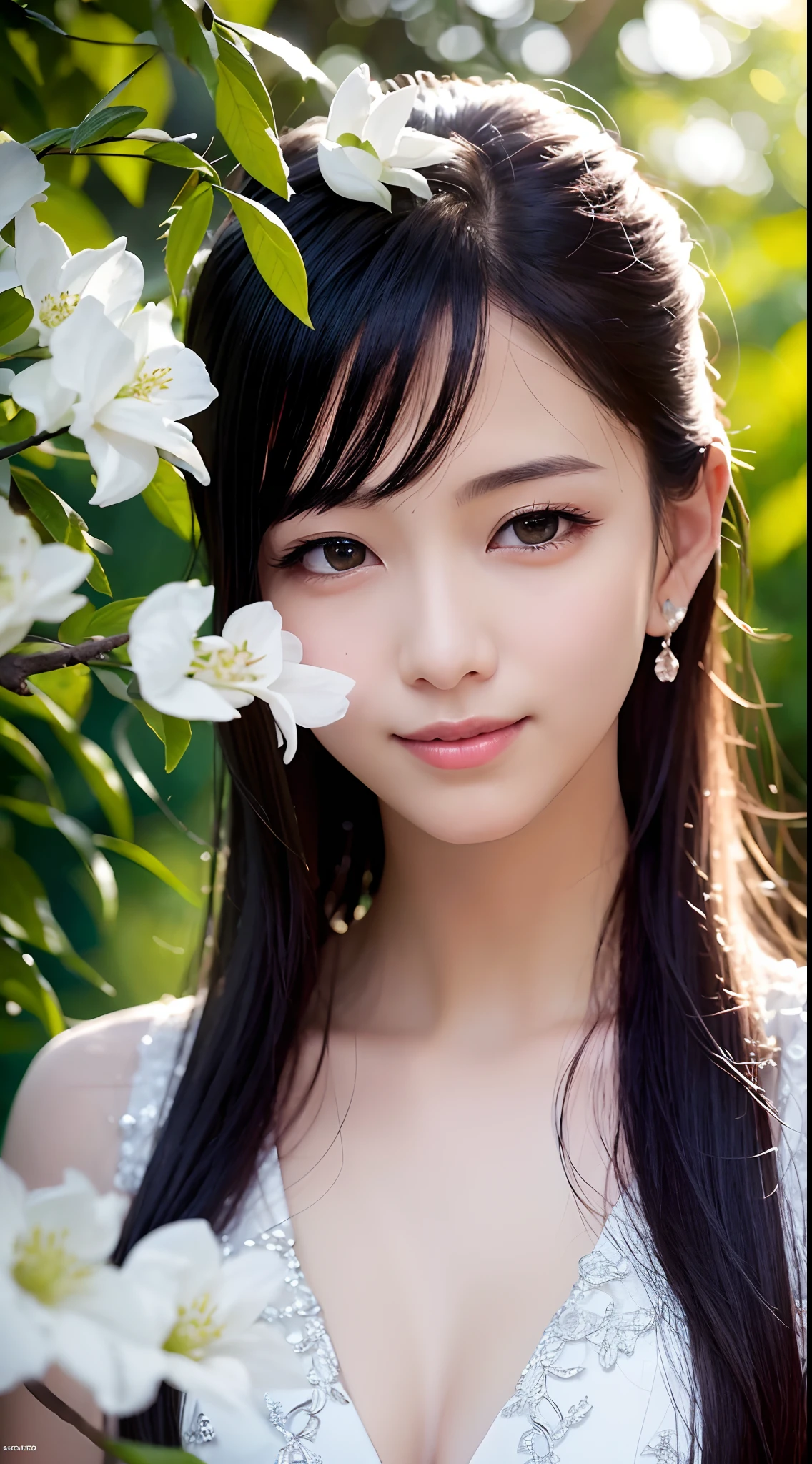 (Best quality,4K,A high resolution,Ultra-detailed,Realistic:1.37),Vivid colors,Sunlight,llight rays,bergamot,white blossoms,Beautiful girl,Exquisite features,Flowing hair,Serene expression,Garden setting,Elaborate dress,Soft sunlight,Gentle breeze,Cheerful ambiance,Backlit scene,a hint of smile,ethereal glowing,Fresh in the morning,Long shadows,harmony of nature,subtle reflections,Natural beauty,Twinkling dewdrops,Clear detail,serenity and calm,Sublime ingredients,Arrive at the branch,whispering leaves,Aromatherapy petals,with light glowing,Sparkling highlights,Subtle shadows,Soft focus,Sublime beauty,Whisper natural,Fantastical Atmosphere,Illuminated background.