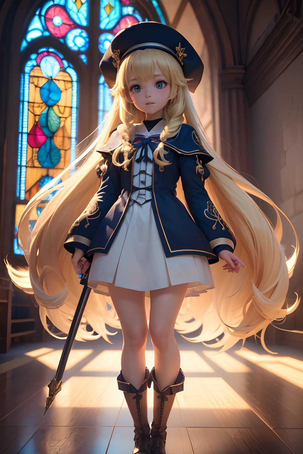 (1girl in),( absurdly , High quality , ultra-detailliert ),(Summer in the morning),(masutepiece),(Stained Glass Church),(long-haired blonde twin-tails),(Blue long cleric robe),Cleric Hat,(Cute 3D anime petite girl rendering),Super Detailed Beautiful Girl,bowing,Laughing,watching at viewers,Wearing long boots,Has big angel wings,Halo,heart mark, Full body portrait, Perfect face and nice perfect face, Surreal concept, 8K resolution, photographic quality,long skirt,I have a big magic tin wand in both hands
