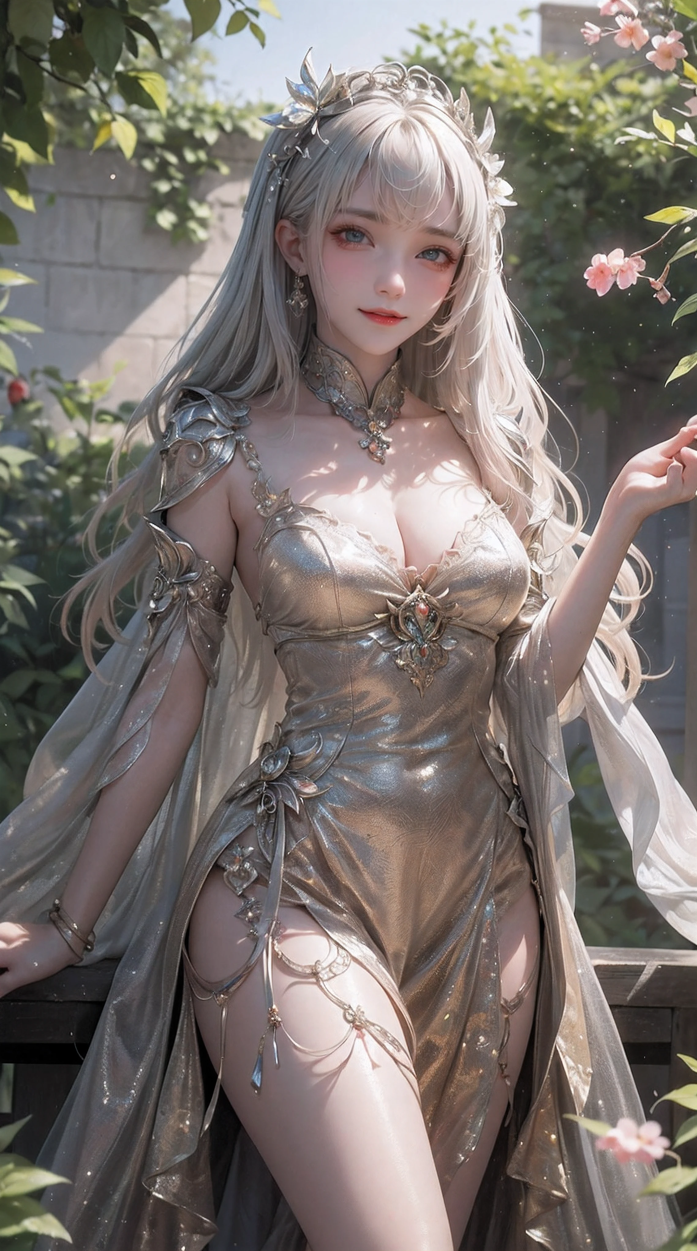 A girl in a surreal garden, with the anthropomorphic cockroach as the main subject. The girl has beautiful detailed eyes and lips, with long eyelashes. She is surrounded by vibrant and exotic flowers, which are in full bloom. The garden is bathed in warm sunlight, creating a soft and dreamy atmosphere. The girl is wearing a flowing dress, with delicate patterns and intricate details. The cockroach is standing next to her, with its human-like features, including eyes, nose, and mouth. Its body is covered in shiny, metallic armor, reflecting the sunlight. The garden is filled with lush green plants and colorful butterflies, adding a sense of whimsy to the scene. The image quality is of the best quality, with ultra-detailed rendering and realistic textures. The colors are vibrant and vivid, with a touch of fantasy. The lighting is soft and diffused, creating a magical ambiance. The overall composition of the image is balanced and visually pleasing, with a focus on the girl and the anthropomorphic cockroach.