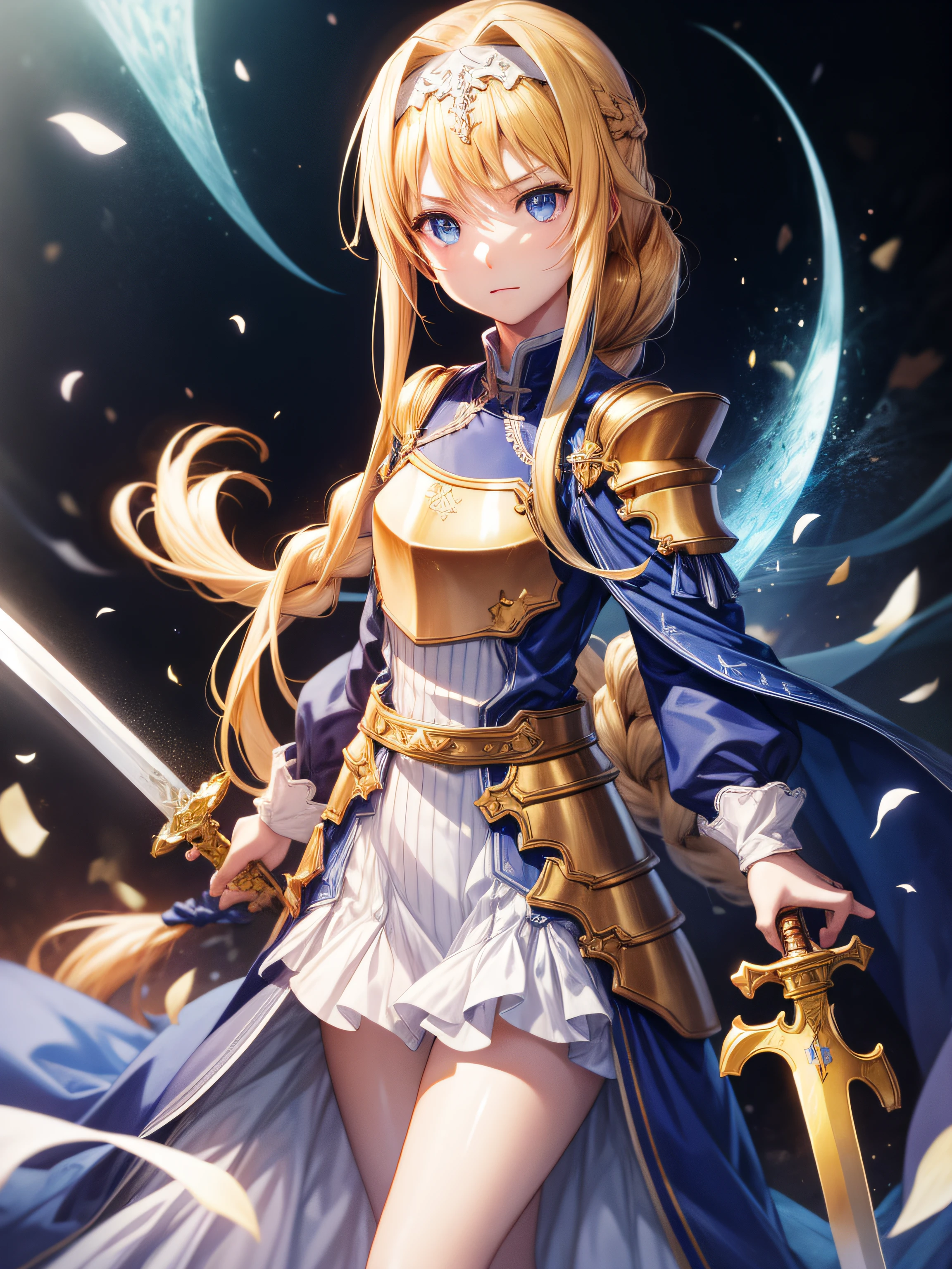 Arisburg, Alice Zusberg,((sword in hands:1.20))、 [[Golden Sword:1.20]]、Blue eyes, Blonde hair, hair between eye, Very long hair, braid, shairband, white hairband,Break Dresses, Cape, armor, Blue Dress, Shoulder Armor, High resolution, Unity 8k壁纸, (Illustration:0.8), (Beautiful detailed eyes:1.16), extra detailed face、Dress correctly, Beautiful Finger、 charming figure,super precision、[[3D images]]、[[High quality anime girl with brown hair and brown eyes]]