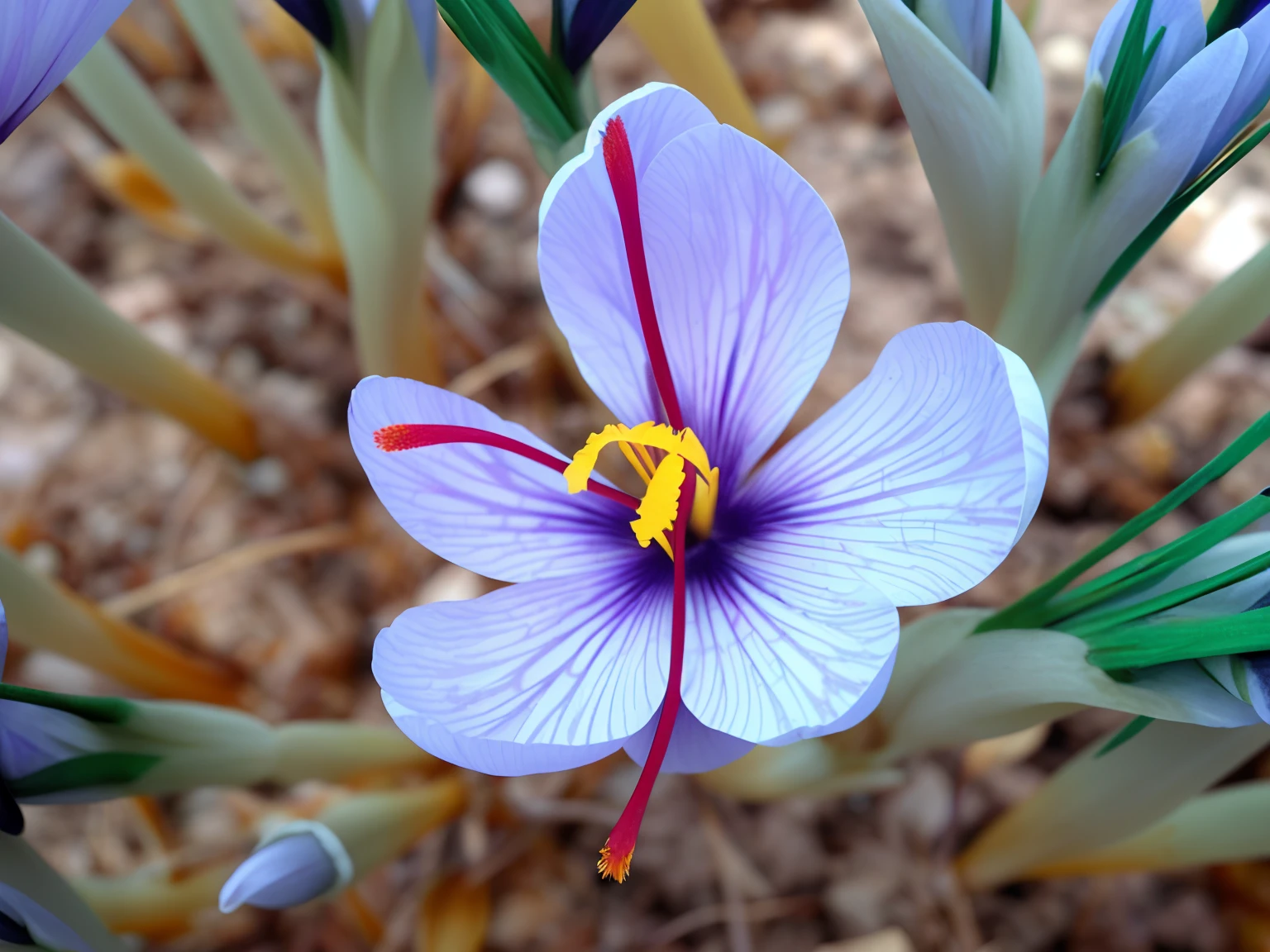 a close up of a flower with a yellow center and three long red stigmas, crocus sativus flower,