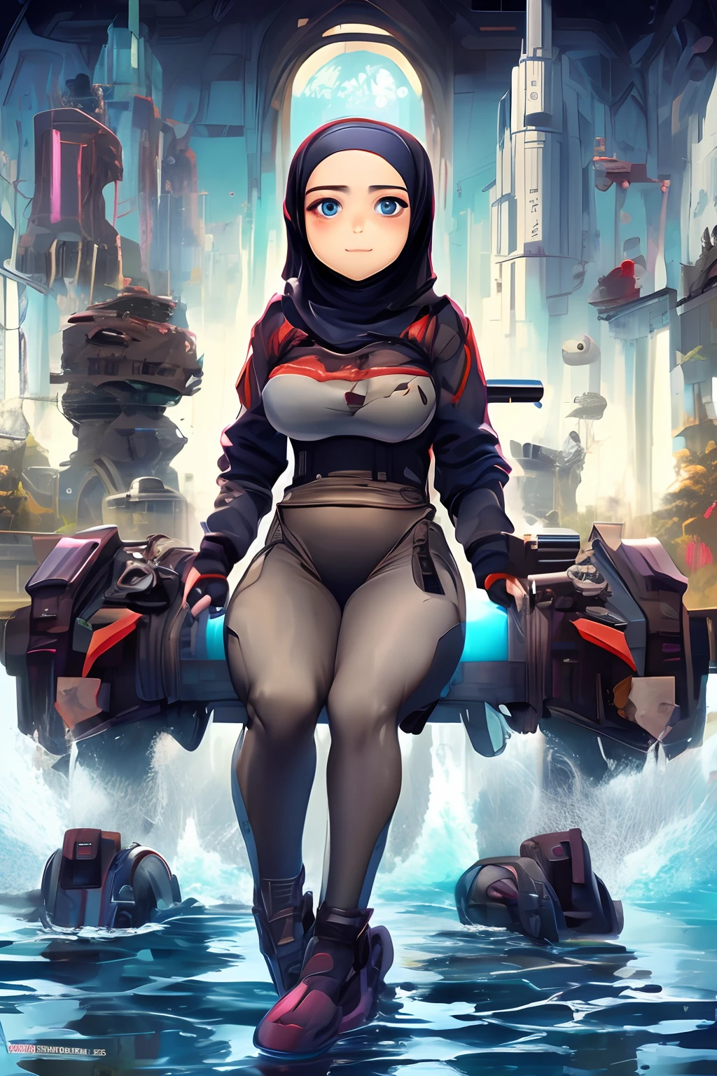 Malay girl in hijab, holographic, detailed, masterpiece, best quality, mecha, no humans, black armor, blue eyes, science fiction, fire, laser canon beam, war, conflict, destroyed city background