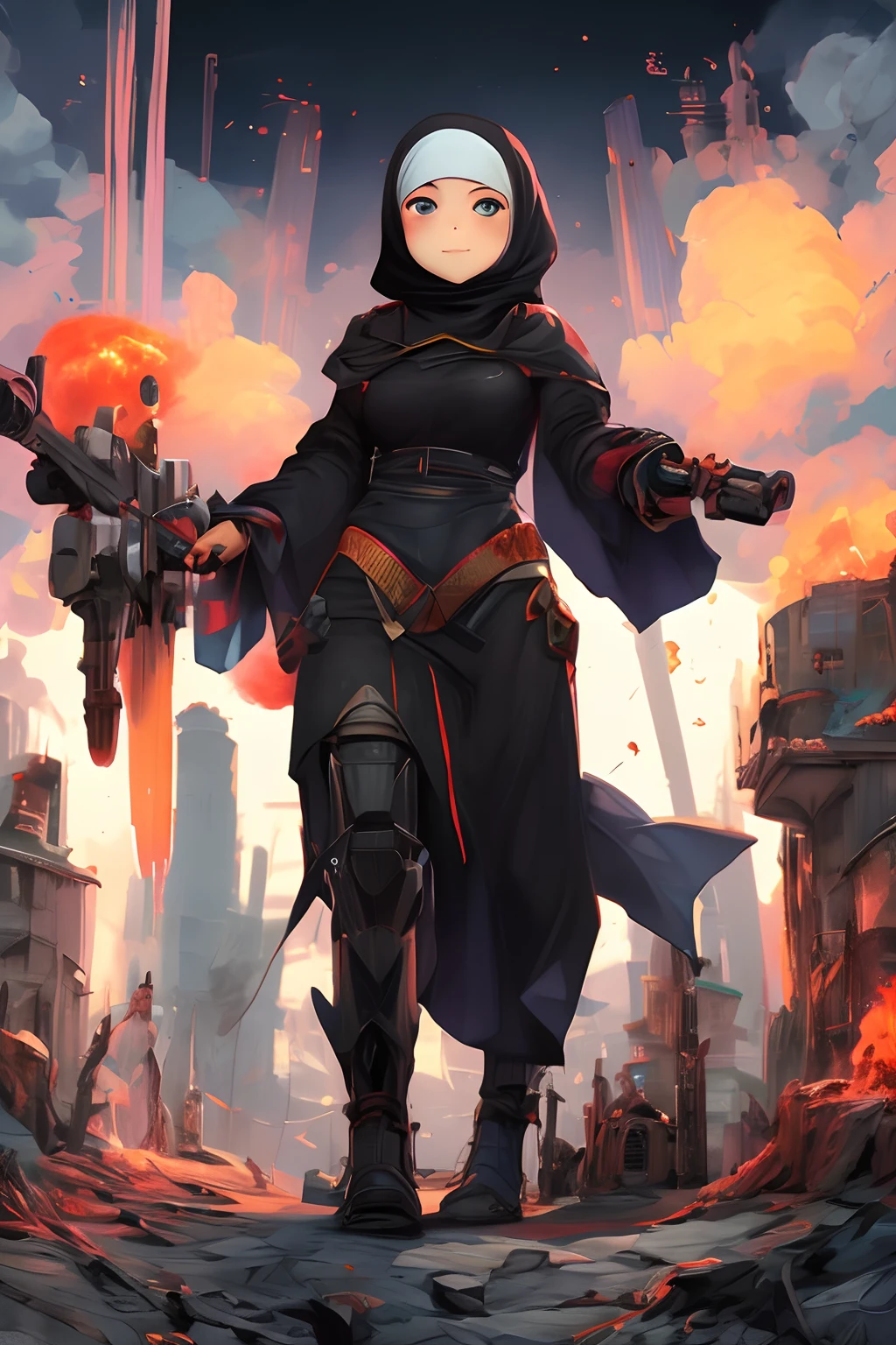 Malay girl in hijab, holographic, detailed, masterpiece, best quality, mecha, no humans, black armor, blue eyes, science fiction, fire, laser canon beam, war, conflict, destroyed city background