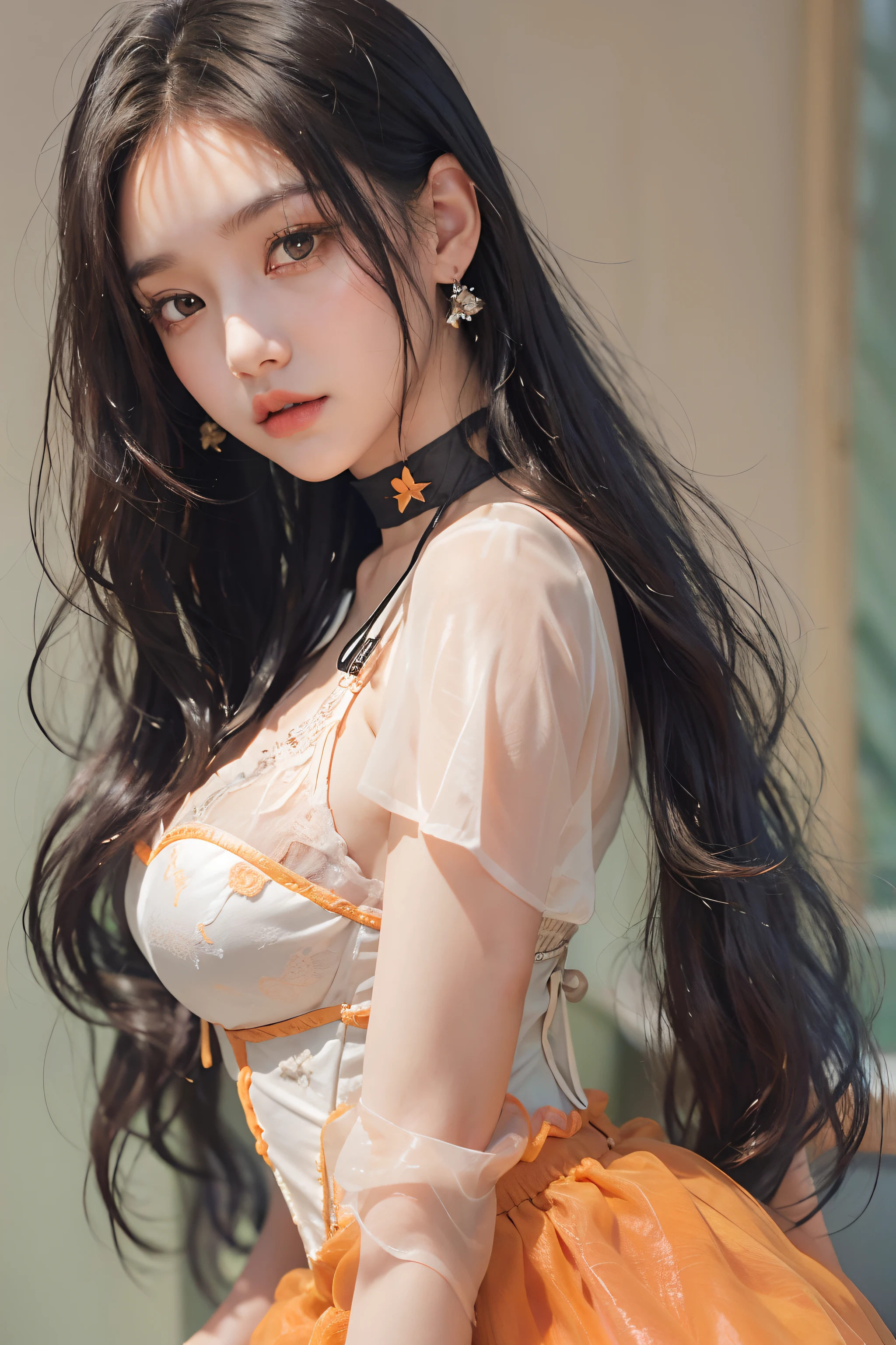 (upper Shot)、(Angle from above)、1girl in、in her 20s、((Medium Hair))、(((Black hair, Orange dip dyed hair)))、((bangss))、(Photoreal Stick:1.2)、in 8K、(High quality shadows)、(A charming expression)、Detail Beautiful delicate face、Detail Beautiful delicate eyes、Cute K-pop Idol、(Korean Urzan Face)、pureerosface_v1、(looking at view)、gloweyes、perfectbody、((strong lights))、(a choker)、((Brown eyes))、((Beautiful Finger))、 Shiny hair、Description beautiful delicate hair、(Lustrous skin)、((Black see-through dress))、(corsets)、(long skirt)、 (early evening)、Background blur、灯光、huge window、Flowers in a vase、Sitting on a large sofa、