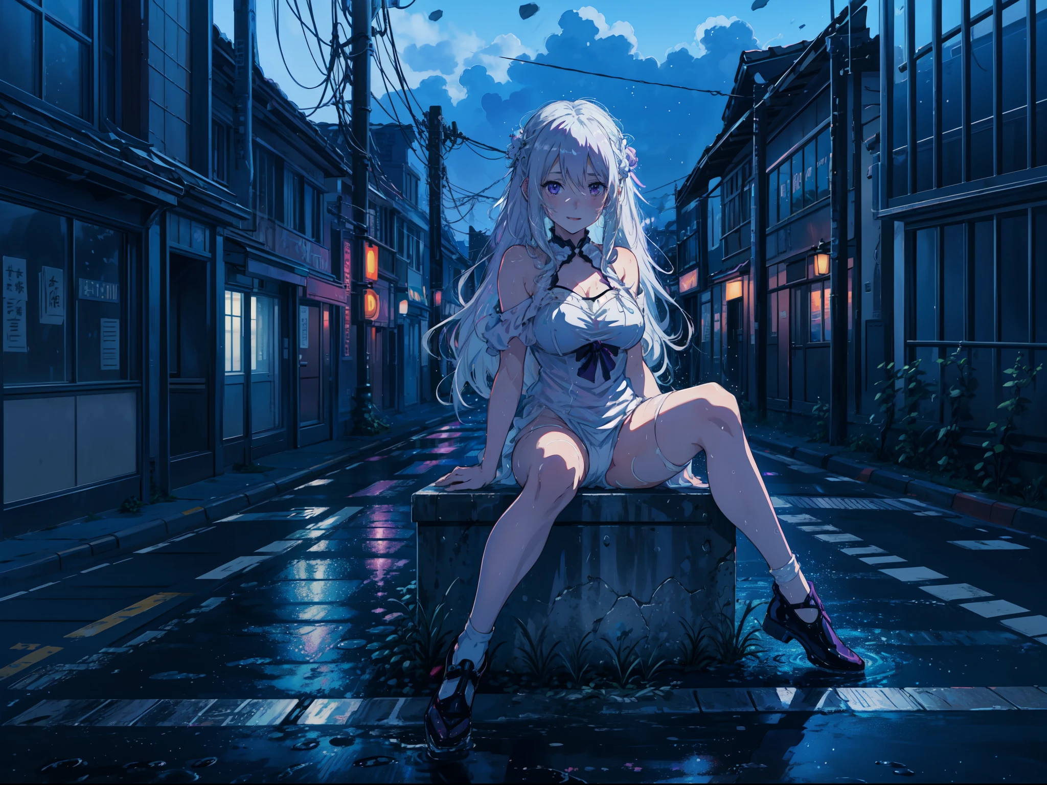 (ANIME ART STYLE), Emilia from re zero,long white hair purple eyes, blushing, wearing swimsuit, sitting on the night city street, wet street,vibrant colours, joyful expression, blushing, dynamic pose, raining.