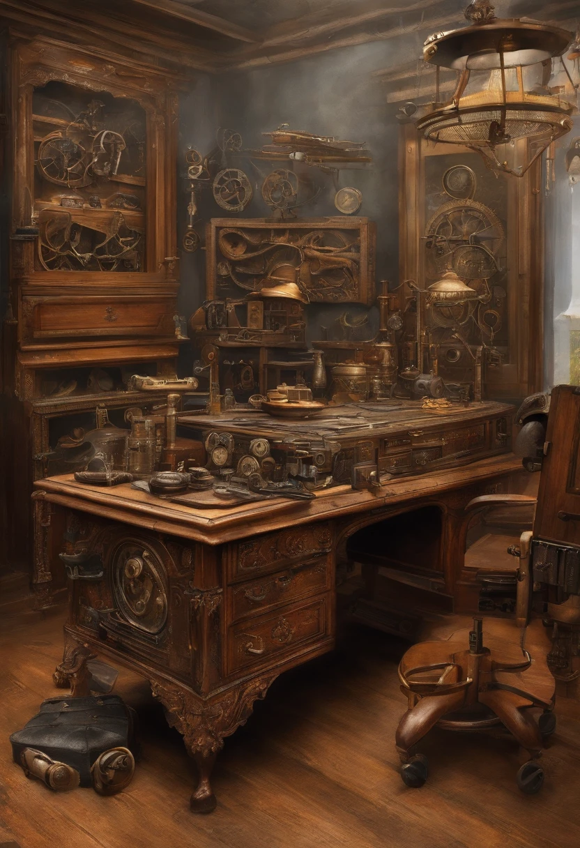 There is a camera on the table，big breasts and big breasts（（（Model aircraft））），VR glasses on the table，Room design drawings，There's a lot of paint on it, Detailed painting 4 K, Realistic digital painting, overdetailed art. Digital SLR, high quality digital painting, Realistic camera shooting, photorealism style, in style of photorealism artist, Detailed digital painting, hyperrealism concept art, professional digital painting, photographyrealism, super realistic painting style，There is also an airplane on the table，Measurement tools，On the stool sat a boy wearing VR glasses，Bright colors，Be positive