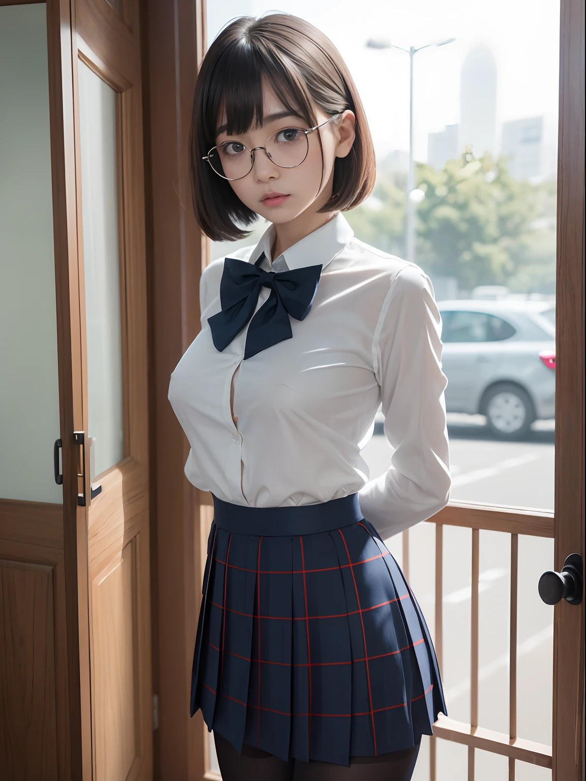 (Long bob cut),(Underwear is visible),（8K、Raw photography、top-quality、​masterpiece：1.2),((small tits))、((small tits))、((small tits))、((small tits))、((small tits))、((A-cup))、((A-cup))、((A-cup))、((A-cup))、((A-cup))、Has a small、(flat breast)、(flat breast)、(flat breast)、(flat breast)、(flat breast)、(being thin)、Rasping,glamor,Chromo-white skin,cocky,School,watching at viewers,Looking at the front,Muchimuchi,High-pitched clothing,Erotic,Pupils,de pele branca,kne,((Black pantyhose)),absurderes,a small face,,Forehead visible,Bangs hanging from the left and right sides of the forehead,(a cold expression,Tight eyes,glares,Bullish,irate)、​masterpiece,top-quality、超A high resolution,Raw photo,ren,Beautiful fece,One Person, 独奏,eye glass,,Dark look,Small breasts,fullllbody,Round glasses,JK school uniform,hi-school girl,A Japanese Lady,is standing,（Photorealsitic：1.37）、Photon mapping,Realistic、Beautie,Cute little face,Brown-eyed、Black socks、(Red bow tie)、Radio City、Physically Based Rendering、depth of fields、Blurry background、a picture,Body,beauty legs, Long legs, Thin leg,(Bangs are visible), hair, s lips, Blue_The eye, nosesoft,(Light blue shirt), (Navy and blue and white plaid pleated skirt), Knees are visible,Sheer clothing,, Thigh, Black cotton socks,Nogizaka Idol, 女優, Japanese ido