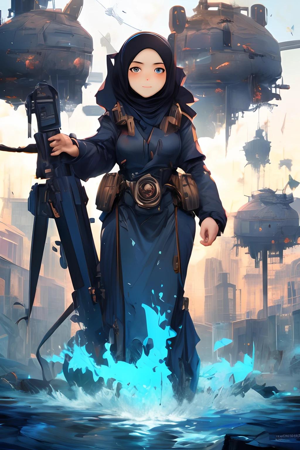 Malay girl in hijab, holographic, detailed, masterpiece, best quality, mecha, no humans, black armor, blue eyes, science fiction, fire, laser canon beam, war, conflict, destroyed city background