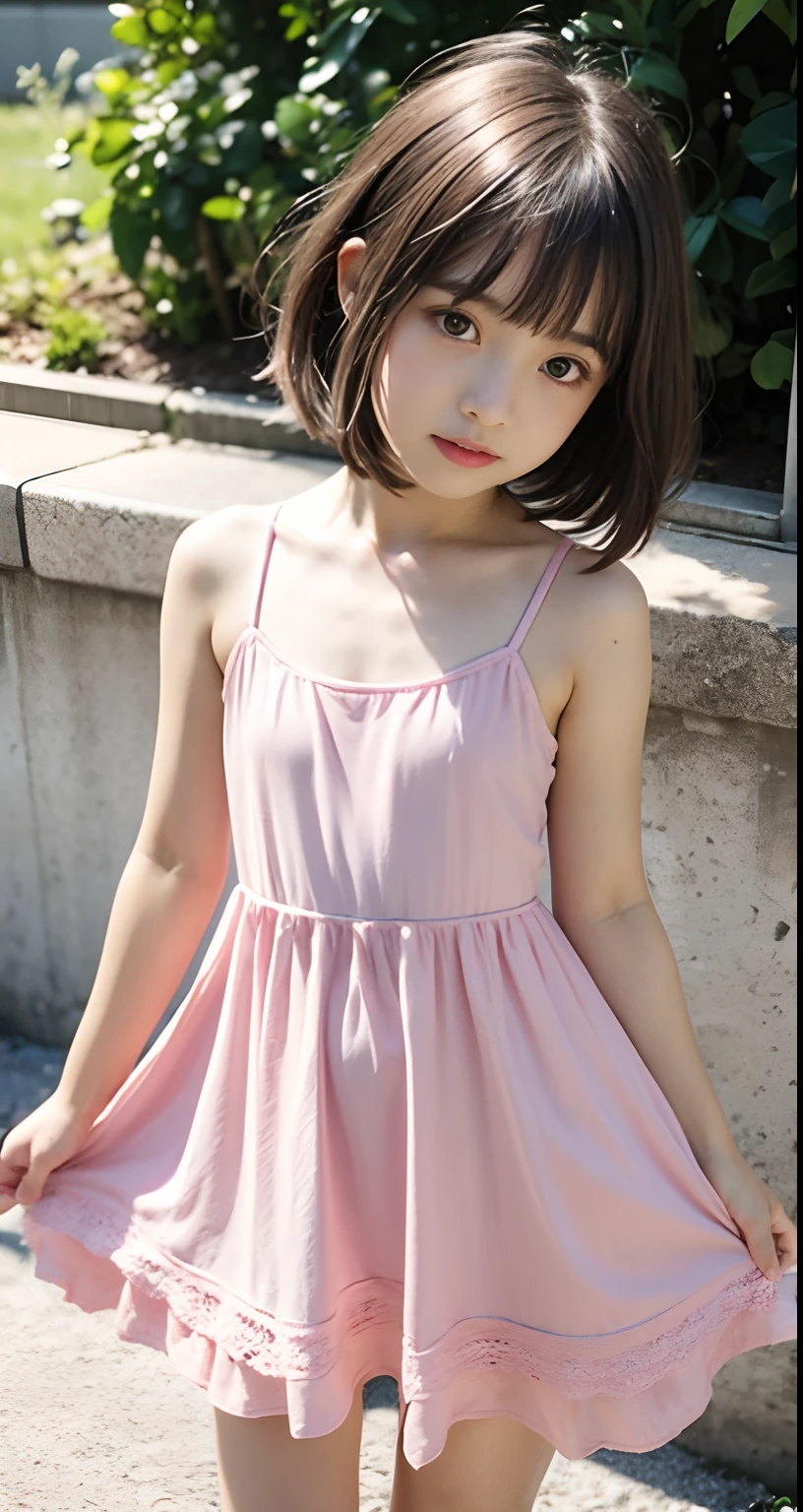 li, lo face, loli body, flat chest, standing, full body, short hair, short dress, pink summer dress, pink dress, pink nighty gown