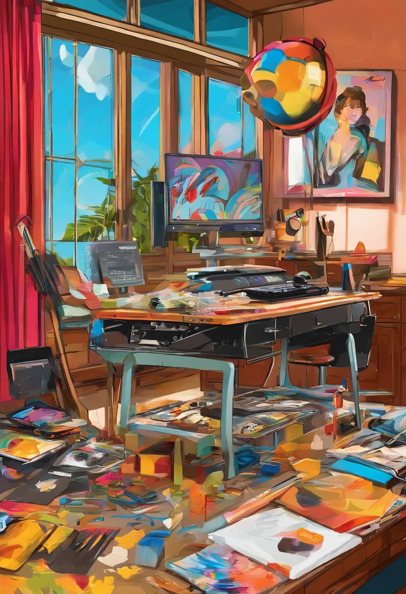 There is a camera on the table,big breasts and big breasts(((Model aircraft))),VR glasses on the table,Room design drawings,There's a lot of paint on it, Detailed painting 4 K, Realistic digital painting, overdetailed art. Digital SLR, high quality digital painting, Realistic camera shooting, photorealism style, in style of photorealism artist, Detailed digital painting, hyperrealism concept art, professional digital painting, photographyrealism, super realistic painting style,There is also an airplane on the table,Measurement tools,On the stool sat a boy wearing VR glasses,Bright colors,Be positive