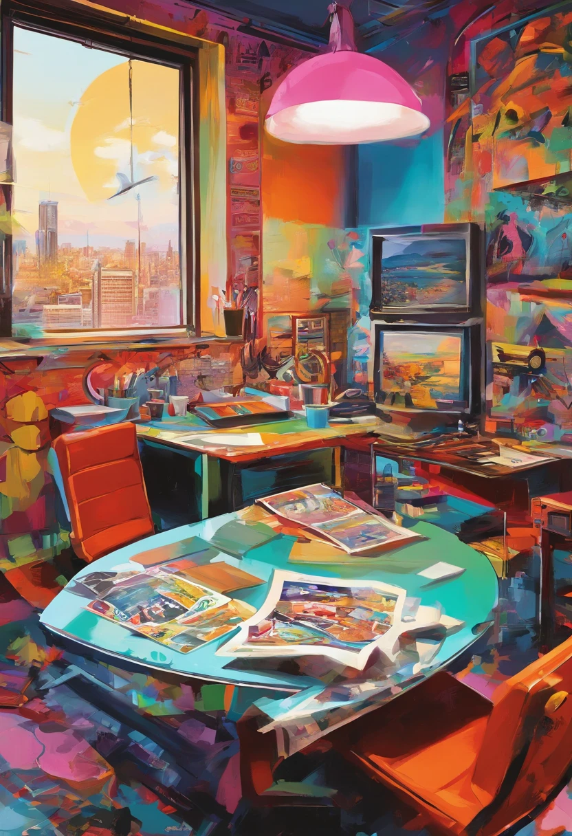 There is a camera on the table,big breasts and big breasts(((Model aircraft))),VR glasses on the table,Room design drawings,There's a lot of paint on it, Detailed painting 4 K, Realistic digital painting, overdetailed art. Digital SLR, high quality digital painting, Realistic camera shooting, photorealism style, in style of photorealism artist, Detailed digital painting, hyperrealism concept art, professional digital painting, photographyrealism, super realistic painting style,There is also an airplane on the table,Measurement tools,On the stool sat a boy wearing VR glasses,Bright colors,Be positive
