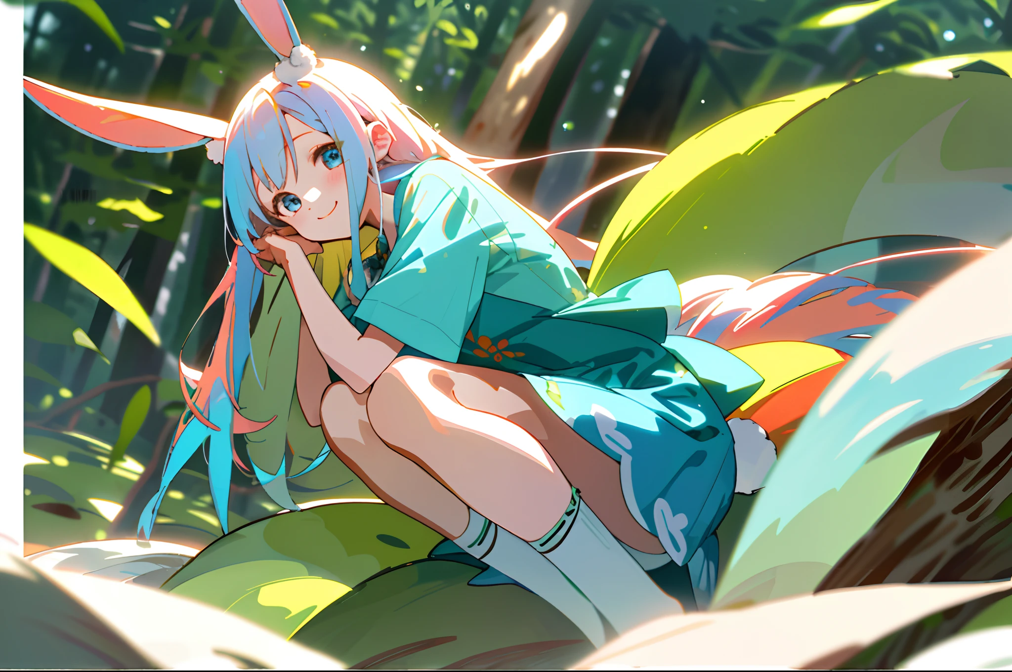 【Top image quality】One girl　in woods　Forest Creatures　Eared rabbit　bare-legged　Colorful dress on the knee　white panty　rabbitears　shortsleeves　Light blue long hair　Twin-tailed　A charming smile　There are also rabbits