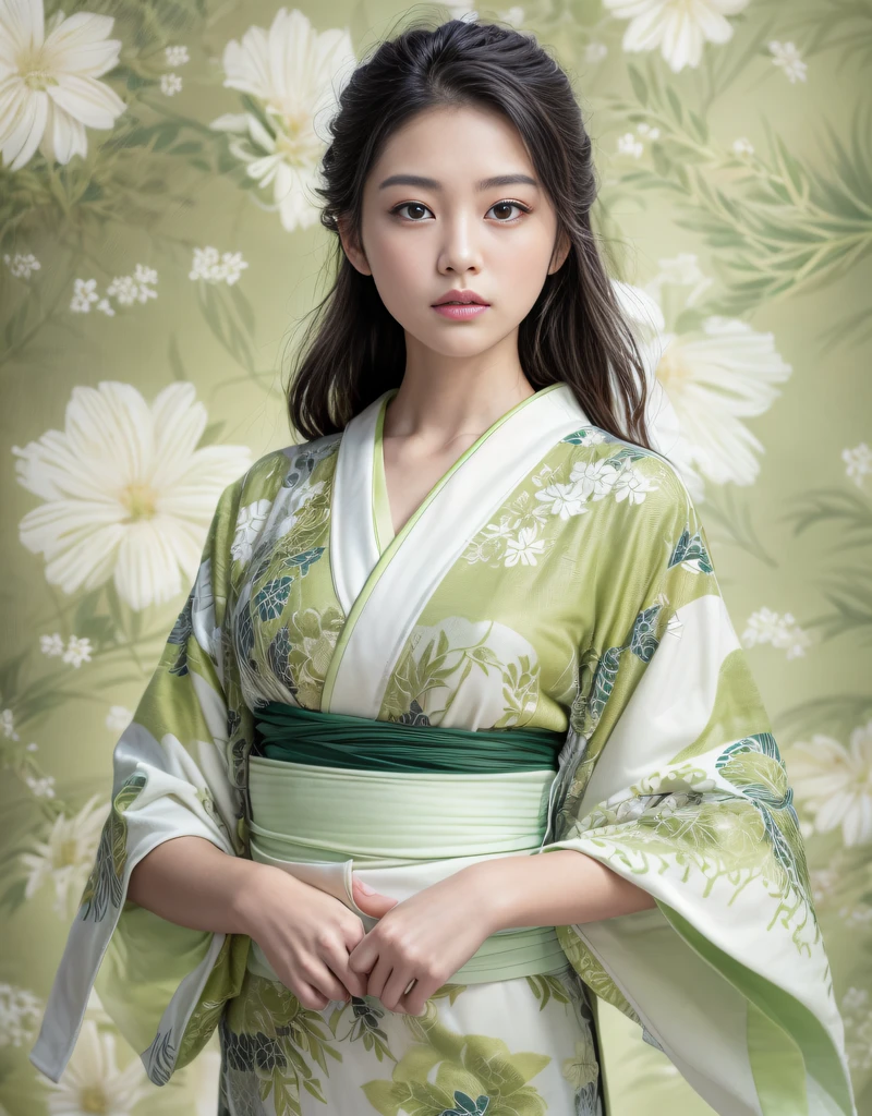 (Beautiful model in Japanese kimono commercial), (solo), ((face is 70% beauty and elegance, 30% pretty and cute:1.5)), (Her roots are in Eastern Europe and Asia), clear eyes, (detailed eyes, light green eyes, bright pupils), Double Eyelids, (sexy lips with a little thickness:1.2), super detailed and incredibly high resolution Kimono, Highly Detailed Face Texture, striking body shape, curvy and very attractive woman, The color of the kimono is 65% white and 35% matcha-green, high-resolution RAW color photo pro photo, BREAK ultra high-resolution textures, High-res body rendering, big eyes, unparalleled masterpiece, incredible high resolution, super detailed, stunning ceramic skin, BREAK (Wearing a white kimono with plenty of bright matcha green color), (The main color is gentle white, the bright matcha green stands out, and black is used as an accent), (elaborately made classical Japanese white kimono), ((The pattern is boldly, bravely, and elegantly dyed with bright matcha green, and is delicately accented)), (A black obi that matches this kimono), ((A white kimono with delicate and elegant patterns in bright matcha green)), (The background is a dry landscape created with bright matcha green and black) BREAK ((Best Quality, 8k)), Crisp Focus:1.2, (Layer Cut, Big:1.2), (Beautiful Woman with Perfect Figure:1.4), (Beautifully shaped and big breasts:1.3), Slender waist, (Correct hand shape:1.5), (Full body shot | cowboy shot | back view)