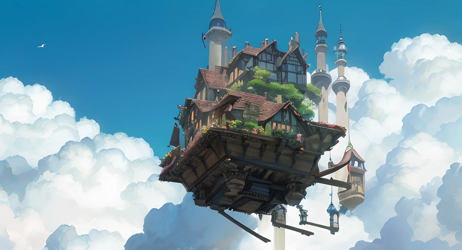 A moving castle, in the sky, flying, intricate, masterpiece, best quality