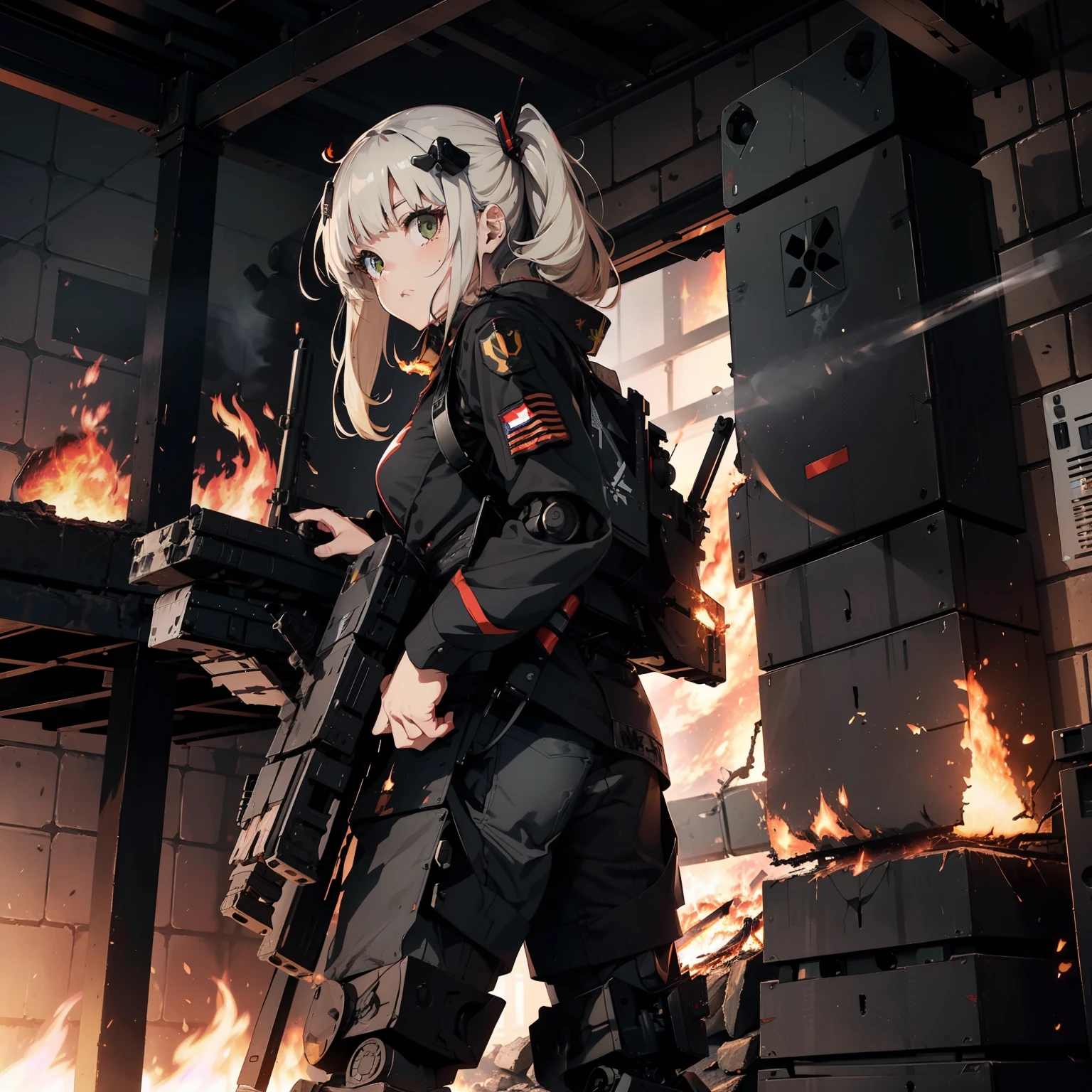 (Female soldier with a strong body)、(((Fire machine guns to destroy military robots:1.4)))、独奏:1.4、(Black combat uniform)、(platinum-blonde-hair:1.2)、Have multiple weapons、rubble、((超A high resolution))、Detail Write、​masterpiece、top-quality、extremely details CG、8K picture quality、Cinematographic lighting、lensflare、(Night combat)、((In Building))、Hyper-detailing、The wreckage of military robots、cowboy  shot:1.4、From diagonally behind、From  above 、(hK416)、turned around