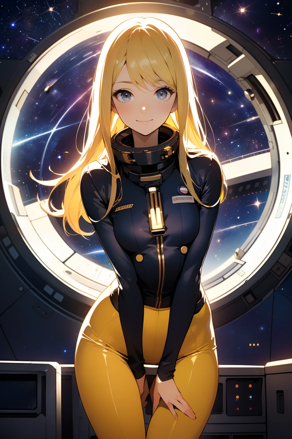 (masterpiece, best quality:1.2), (cowboy shot:1.1), solo, 1girl, mori yuki, slight smile, closed mouth, looking at viewer, blonde hair, thigh gap, yellow bodysuit, skin-tight, perfect body, belt, large window, (starship porthole:1.3), from front, (spread legs:1.3), (standing:1.1), thigh gap, perfect hands, bright starship interior, (outer space view:1.1), (orbital view:1.3), (night, stary sky:1.5), milky way