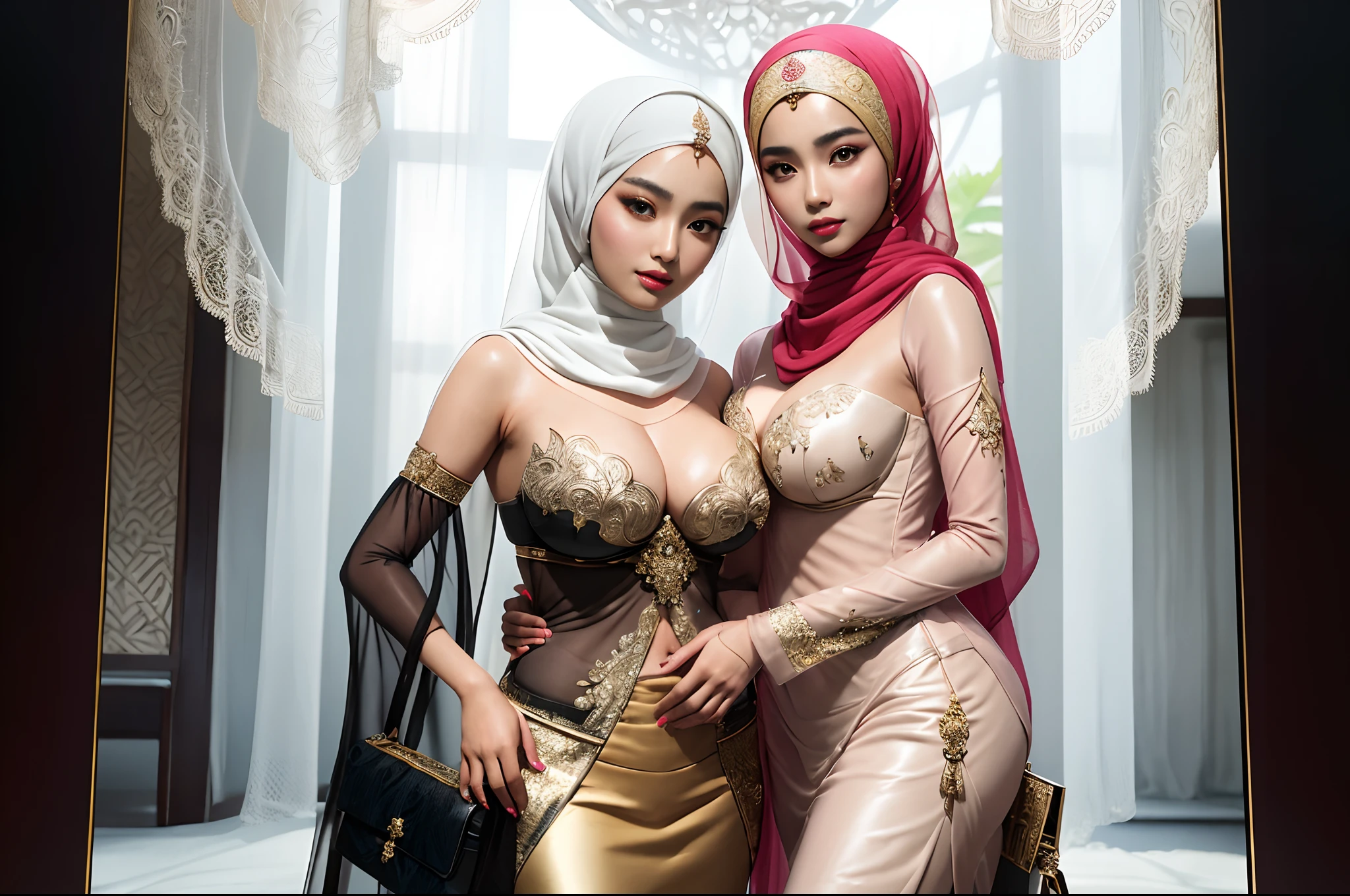 two women in costumes posing for a picture in a room, artwork in the style of guweiz, asian hyperdetailed, middle eastern skin, orientalisme, harem, 8k high quality detailed art, arabian beauty, arabian, on a mannequin. high resolution, artgerm and genzoman, two beautiful anime girls, trendin on artstation, twins