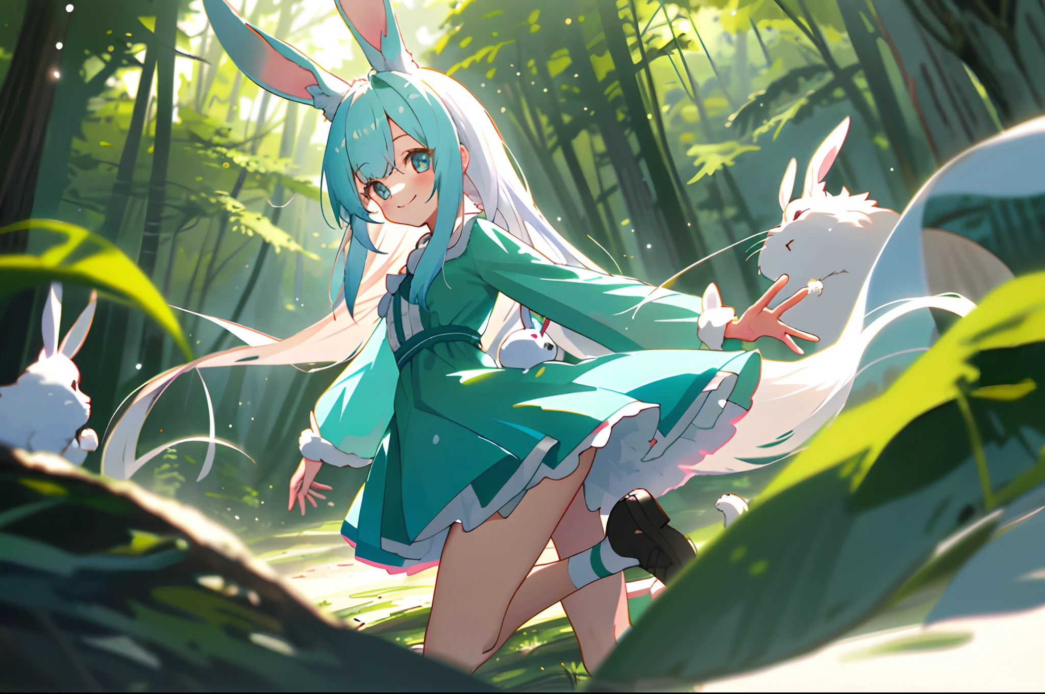 【Top image quality】One girl in woods Forest Creatures Eared rabbit bare-legged Colorful dress on the knee white panty rabbitears shortsleeves Light blue long hair Twin-tailed A charming smile There are also rabbits