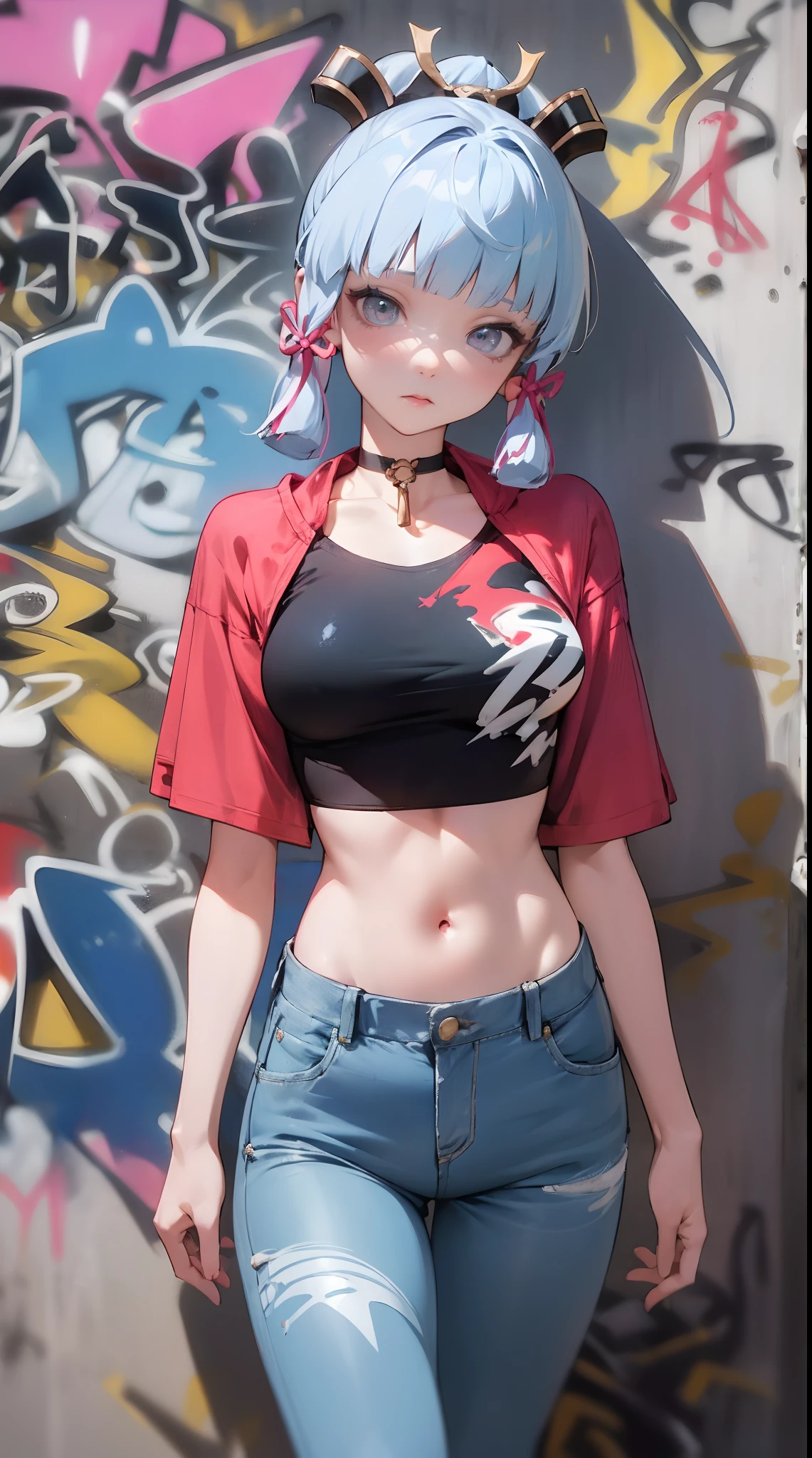 kamisato ayaka|genshin impact, master-piece, bestquality, 1girls,30 years old, proportional body, Big legs, Beautiful, proportional., crop top, Long Jeans, mediuml breasts, ,bara, crop top, choker, (Graffiti:1.5), Splash with purple lightning pattern., arm behind back, against wall, View viewers from the front., Thigh strap, Head tilt, bored,(NSTDA.:1.2), (10, beste-Qualit, master-piece: 1.4), Beautiful red hair, ultra-high resolution, (lifelike, photorealistic portrait: 1.48), (Looking Through Crop Tops.), Famous Japanese actors, beautiful clear eyes, Head tilt, cowboy shot, from the front, looking at the audience, expressionless, Beautiful lake, Zeiss 150mm F/ 2.8 Hasselblad, Whole body, foot, Ultra-Wide Angle,