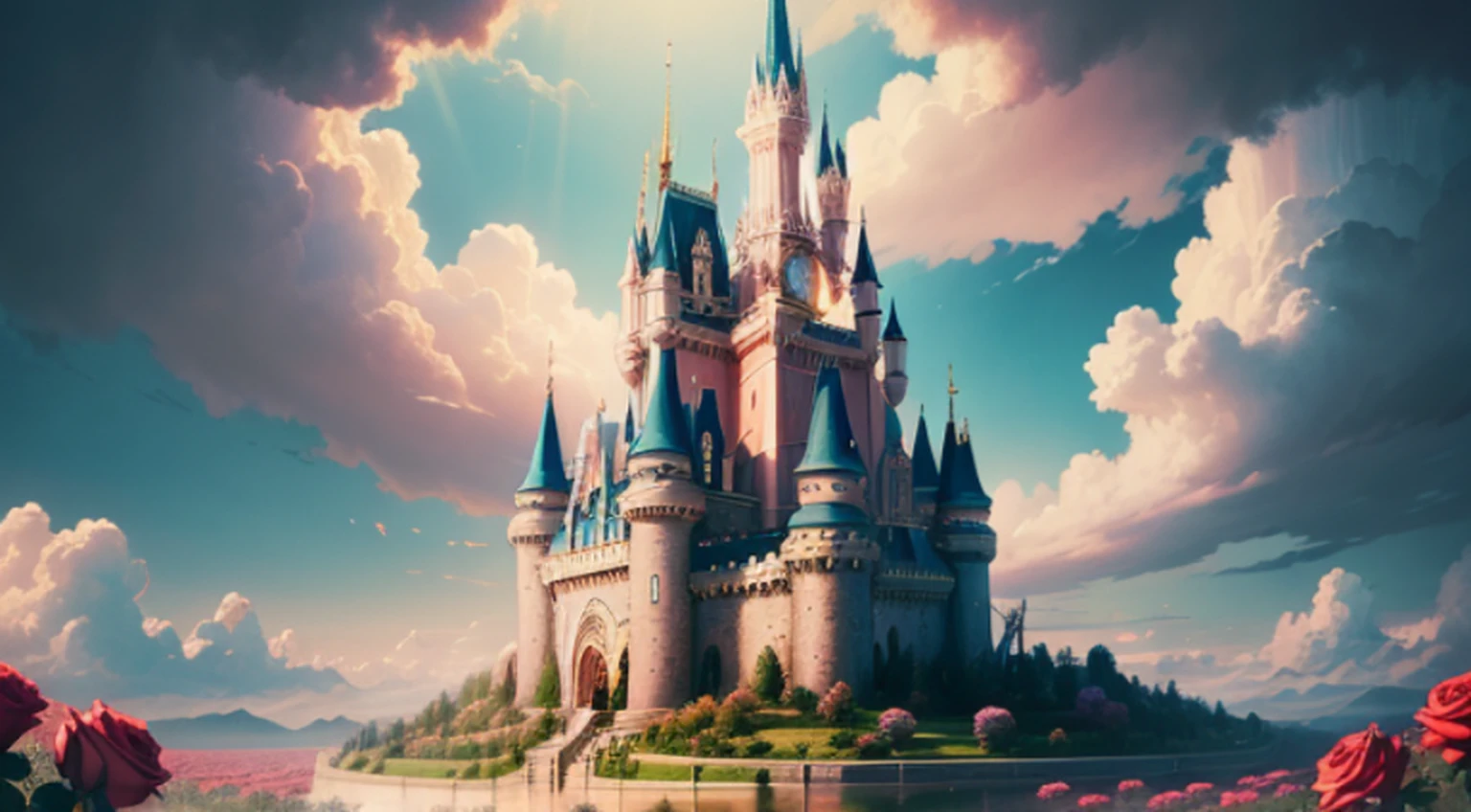 a discodifland with swirling clouds and flowers, (sky rose fantasy castle), (red roses), (ridiculous), dreamy, disney, painted by Thomas Kincaid, artstation, sharp focus, inspiring 8k wallpaper,