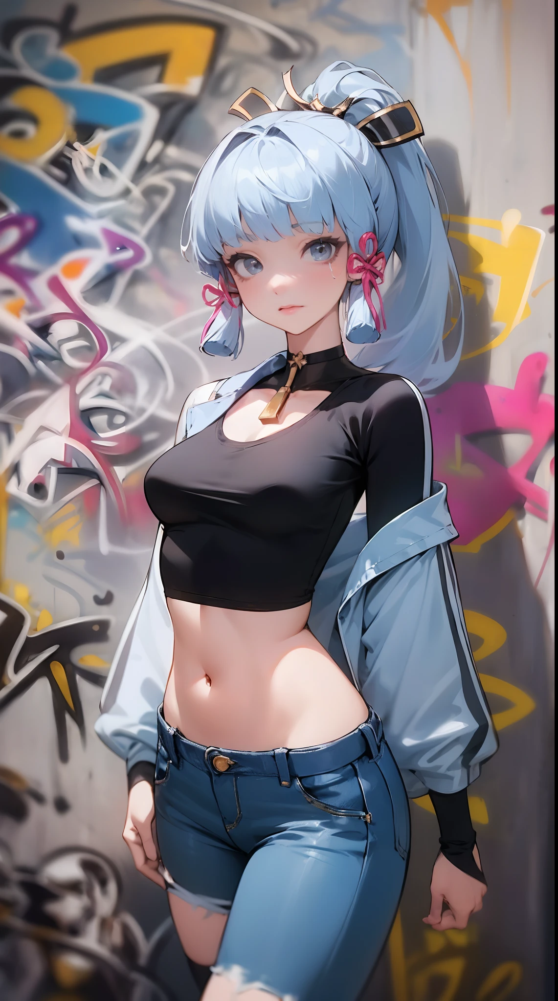 kamisato ayaka|genshin impact, master-piece, bestquality, 1girls,30 years old, proportional body, Big legs, Beautiful, proportional., crop top, Long Jeans, mediuml breasts, ,bara, crop top, choker, (Graffiti:1.5), Splash with purple lightning pattern., arm behind back, against wall, View viewers from the front., Thigh strap, Head tilt, bored,(NSTDA.:1.2), (10, beste-Qualit, master-piece: 1.4), Beautiful red hair, ultra-high resolution, (lifelike, photorealistic portrait: 1.48), (Looking Through Crop Tops.), Famous Japanese actors, beautiful clear eyes, Head tilt, cowboy shot, from the front, looking at the audience, expressionless, Beautiful lake, Zeiss 150mm F/ 2.8 Hasselblad, Whole body, foot, Ultra-Wide Angle,