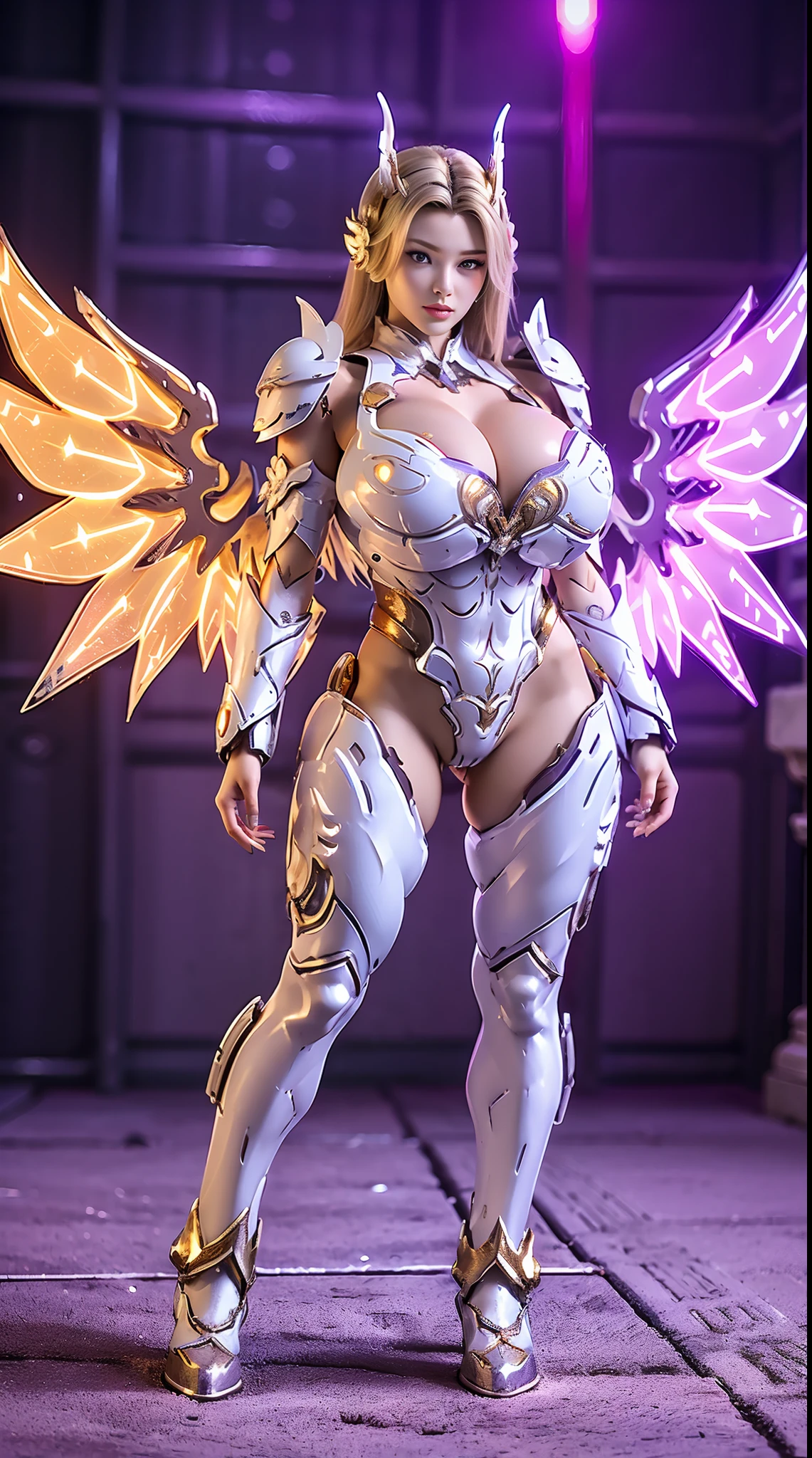 A WOMAN, BEAUTIFULL FACE, HUGE BOOBS, RGB, WHITE, GOLD, PURPLE, MECHA ARMOR FULL GEAR, (SUIT), (CLEAVAGE), (A PAIR LARGEST WINGS), (FULL BODY:1), TRANSPARANT, TALL LEGS, STANDING, SEXY BODY, MUSCLE ABS.