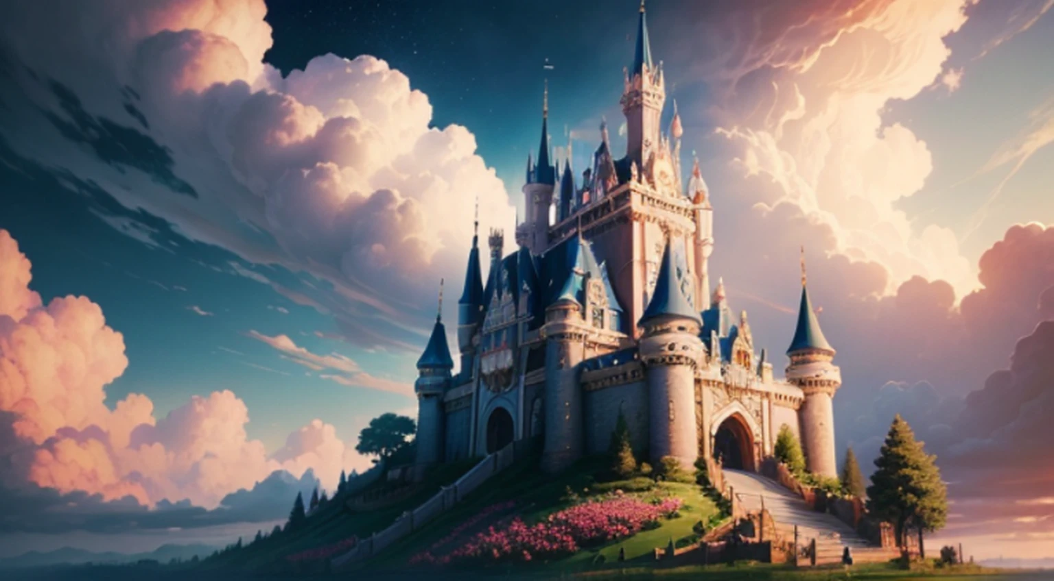 a discodifland with swirling clouds and flowers, (sky rose fantasy castle), (red roses), (ridiculous), dreamy, disney, painted by Thomas Kincaid, artstation, sharp focus, inspiring 8k wallpaper,