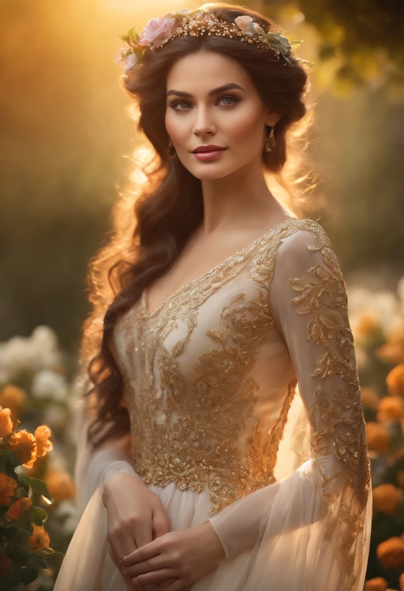 (best quality,4k,8k,highres,masterpiece:1.2),ultra-detailed,realistic,physically-based rendering,stunningly vibrant colors,sharp focus,breath-taking beauty,portrait,woman,gorgeous features,mesmerizing eyes,pouty lips,radiant smile,perfectly symmetrical face,silky flowing hair,graceful demeanor,elegant posture,beautifully adorned,wearing a stunning gown,standing in a blooming garden,sunlit with golden rays,soft and dreamy lighting flowing through the scene,creating a magical ambiance,colors dancing with the sunlight and flowers,paint-like textures and details,subtle brushstrokes adding depth and dimension,a masterpiece of art,showcasing the beauty of the world's most stunning woman.