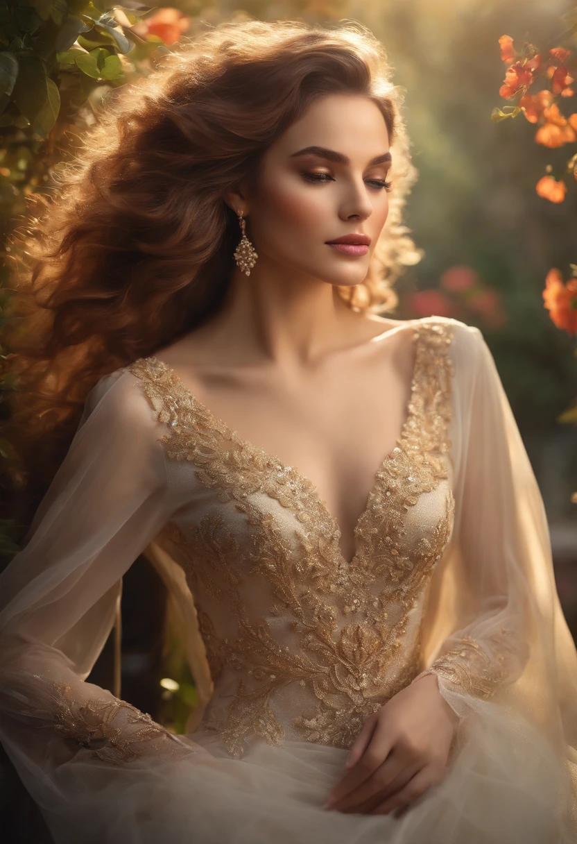 (best quality,4k,8k,highres,masterpiece:1.2),ultra-detailed,realistic,physically-based rendering,stunningly vibrant colors,sharp focus,breath-taking beauty,portrait,woman,gorgeous features,mesmerizing eyes,pouty lips,radiant smile,perfectly symmetrical face,silky flowing hair,graceful demeanor,elegant posture,beautifully adorned,wearing a stunning gown,standing in a blooming garden,sunlit with golden rays,soft and dreamy lighting flowing through the scene,creating a magical ambiance,colors dancing with the sunlight and flowers,paint-like textures and details,subtle brushstrokes adding depth and dimension,a masterpiece of art,showcasing the beauty of the world's most stunning woman.