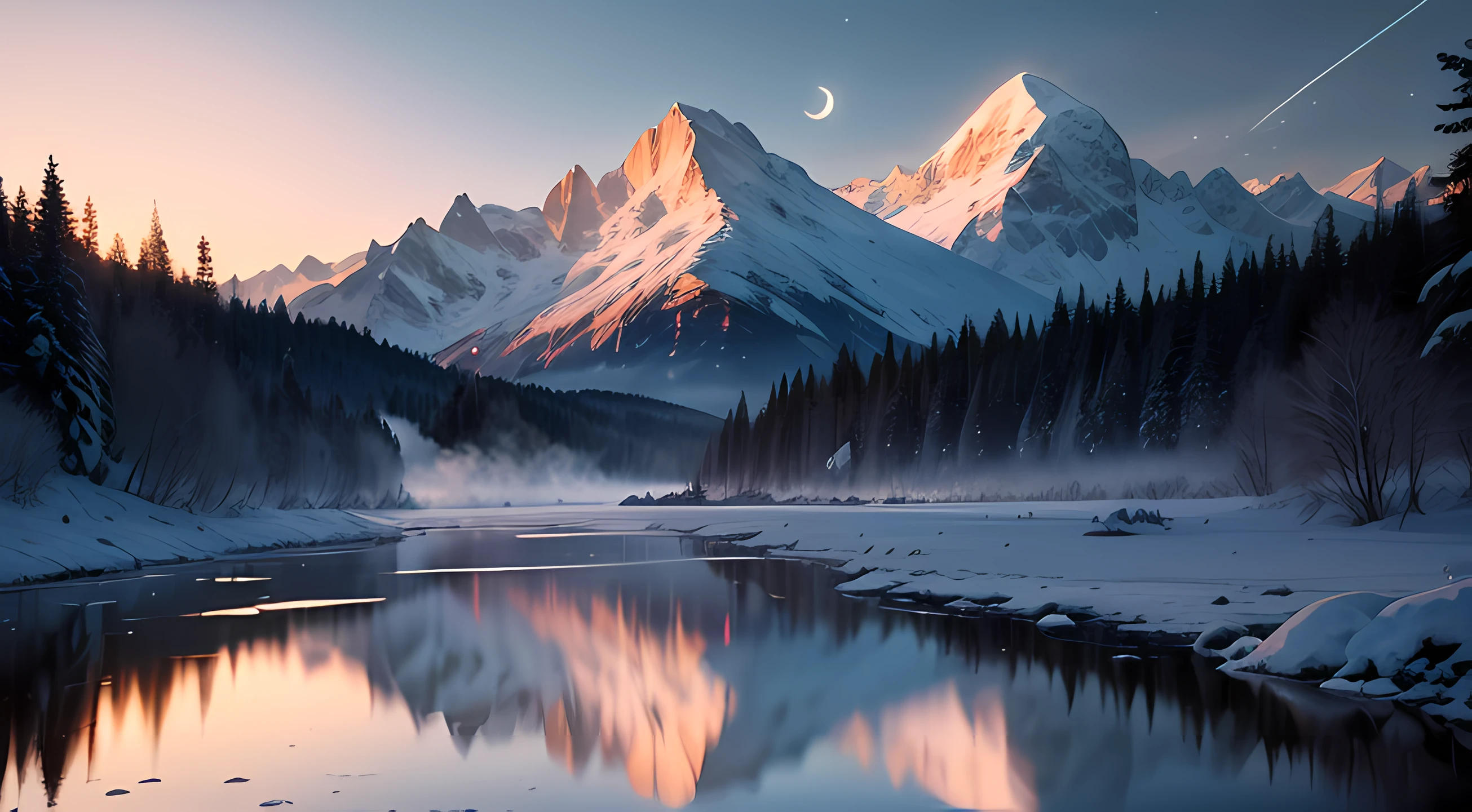 (best quality,4k,8k,highres,masterpiece:1.2),ultra-detailed,(realistic,photorealistic,photo-realistic:1.37),snowy mountain wallpaper,anime style,portrait,pine trees,snow-capped peaks,soft falling snow,subtle sunlight,gently flowing river,serene atmosphere,ethereal beauty,translucent icicles,crystal-clear lake,shimmering reflection,glowing moonlight,peaceful tranquility
