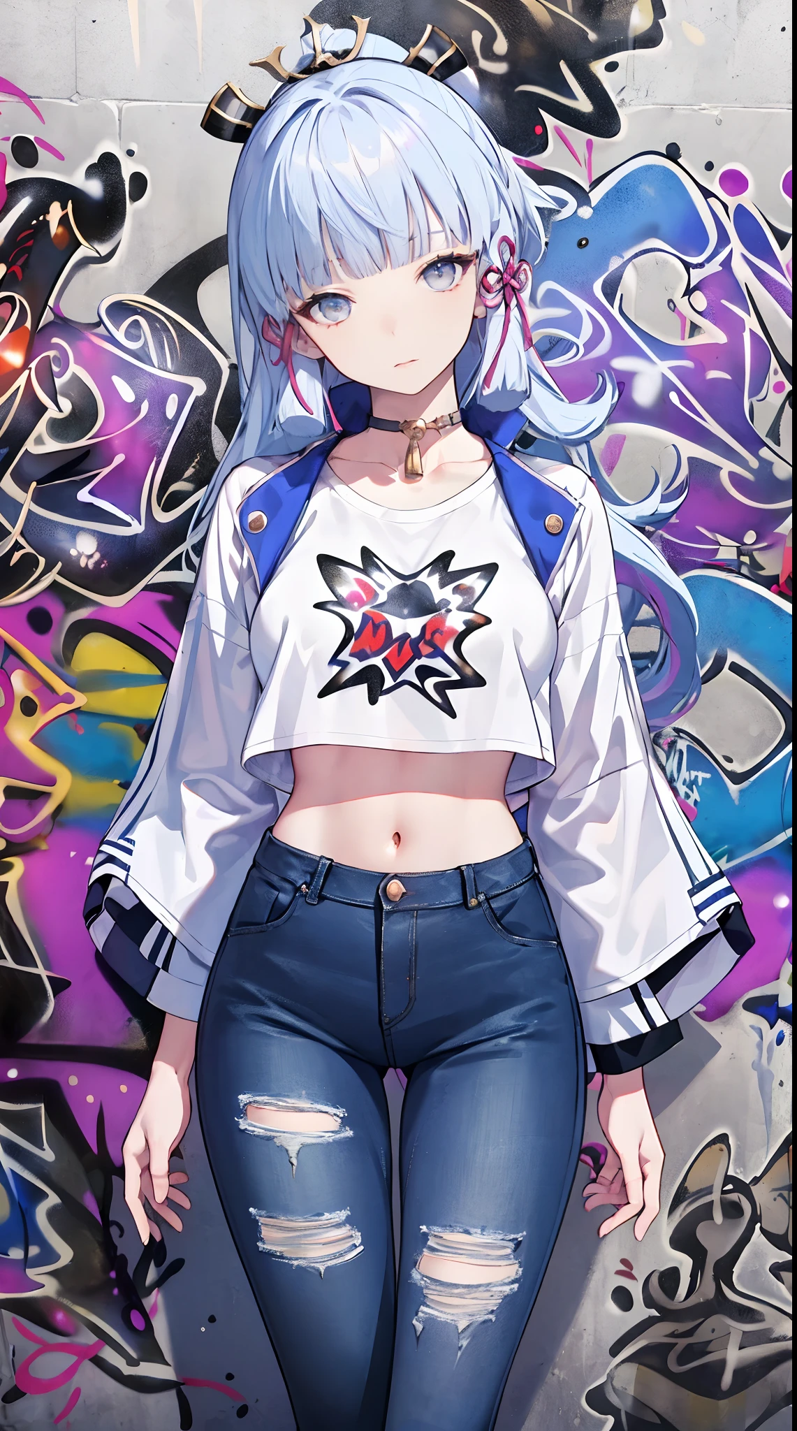 kamisato ayaka|genshin impact, master-piece, bestquality, 1girls,30 years old, proportional body, Big legs, Beautiful, proportional., crop top, Long Jeans, mediuml breasts, ,bara, crop top, choker, (Graffiti:1.5), Splash with purple lightning pattern., arm behind back, against wall, View viewers from the front., Thigh strap, Head tilt, bored,(NSTDA.:1.2), (10, beste-Qualit, master-piece: 1.4), Beautiful red hair, ultra-high resolution, (lifelike, photorealistic portrait: 1.48), (Looking Through Crop Tops.), Famous Japanese actors, beautiful clear eyes, Head tilt, cowboy shot, from the front, looking at the audience, expressionless, Beautiful lake, Zeiss 150mm F/ 2.8 Hasselblad, Whole body, foot, Ultra-Wide Angle,