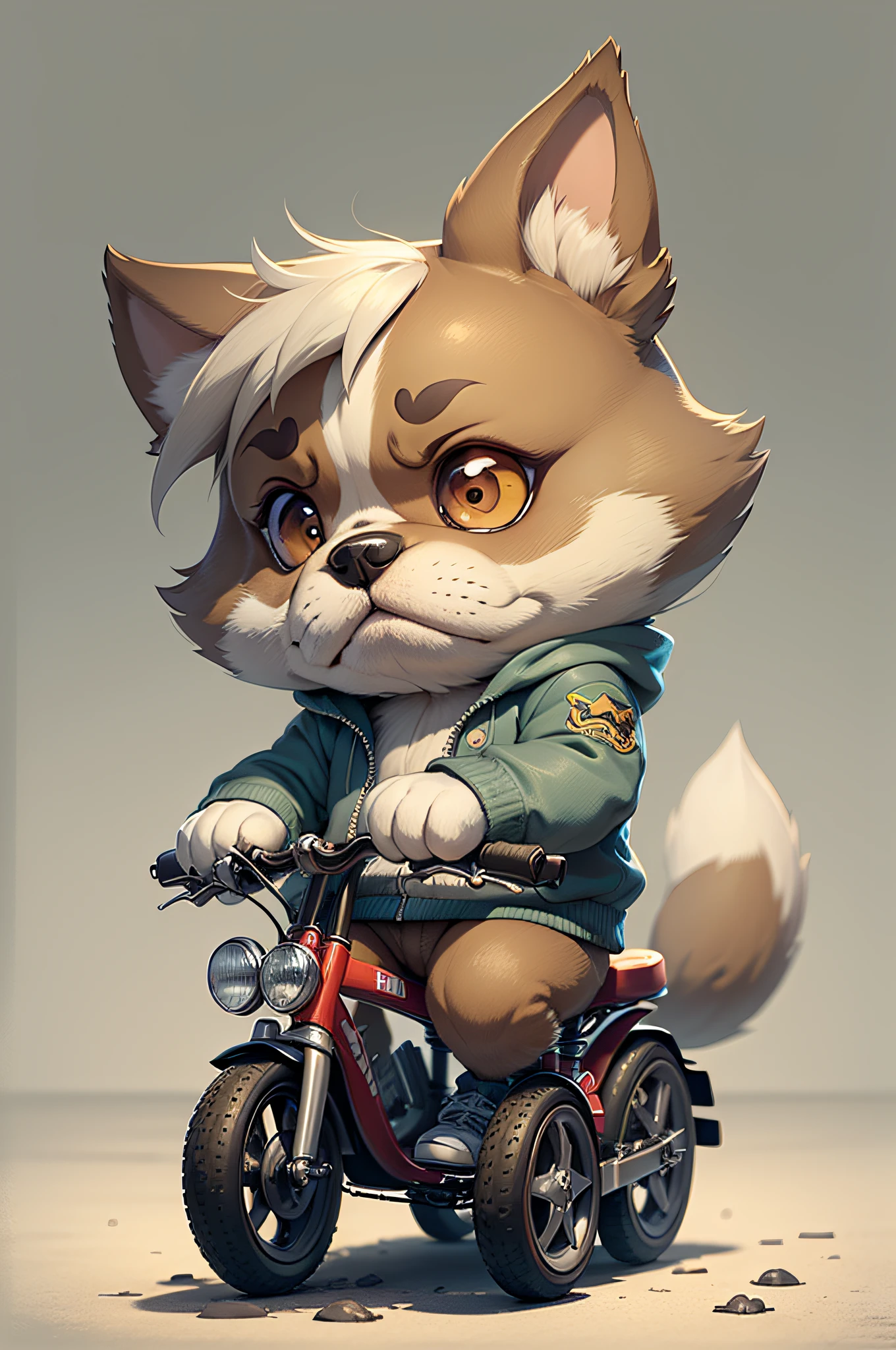 C4tt4stic, Cartoon boxer dog desperately riding a tricycle(Body hair is light gray、The specifics of the appearance of the Boxer dog、Desperate face)