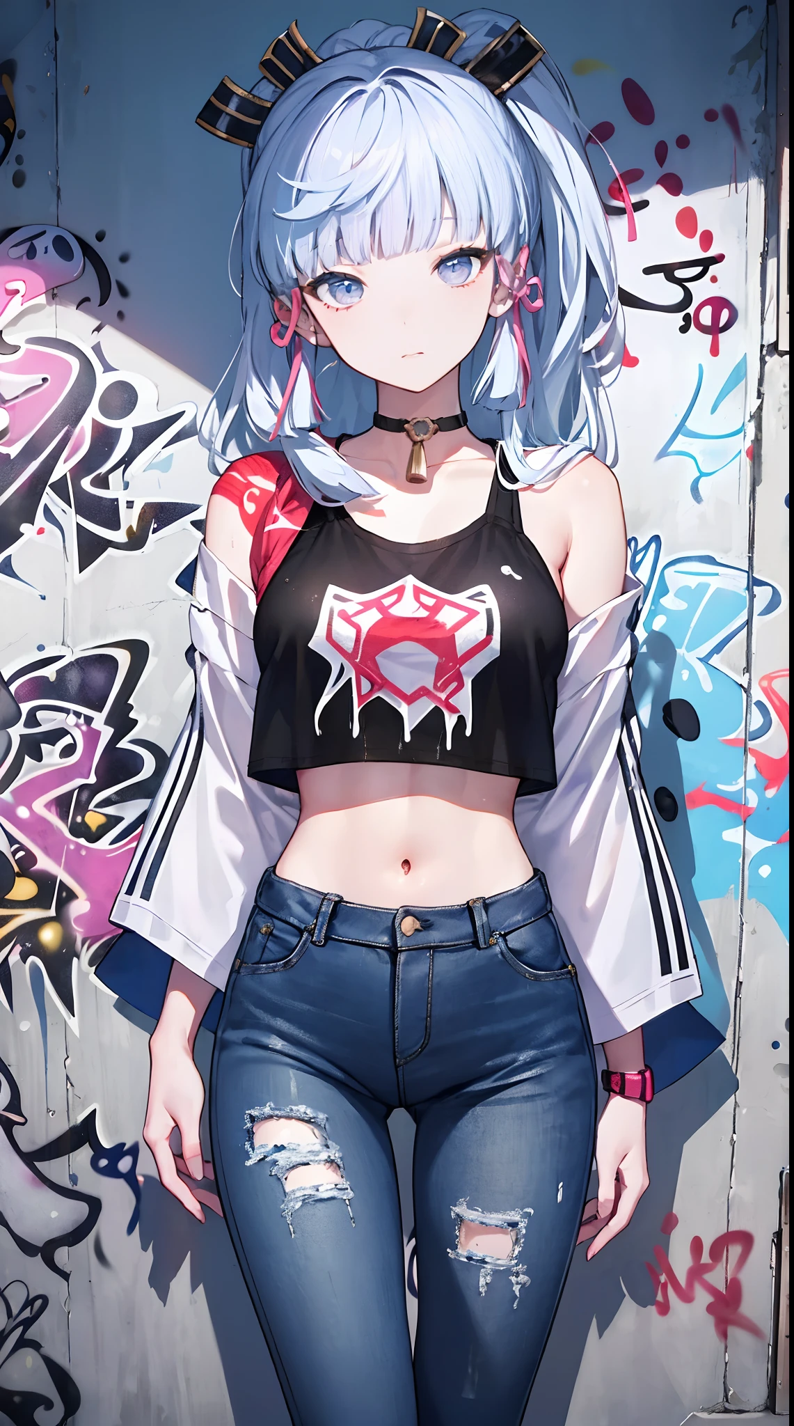 kamisato ayaka|genshin impact, master-piece, bestquality, 1girls,30 years old, proportional body, Big legs, Beautiful, proportional., crop top, Long Jeans, mediuml breasts, ,bara, crop top, choker, (Graffiti:1.5), Splash with purple lightning pattern., arm behind back, against wall, View viewers from the front., Thigh strap, Head tilt, bored,(NSTDA.:1.2), (10, beste-Qualit, master-piece: 1.4), Beautiful red hair, ultra-high resolution, (lifelike, photorealistic portrait: 1.48), (Looking Through Crop Tops.), Famous Japanese actors, beautiful clear eyes, Head tilt, cowboy shot, from the front, looking at the audience, expressionless, Beautiful lake, Zeiss 150mm F/ 2.8 Hasselblad,  Whole body, foot, Ultra-Wide Angle,