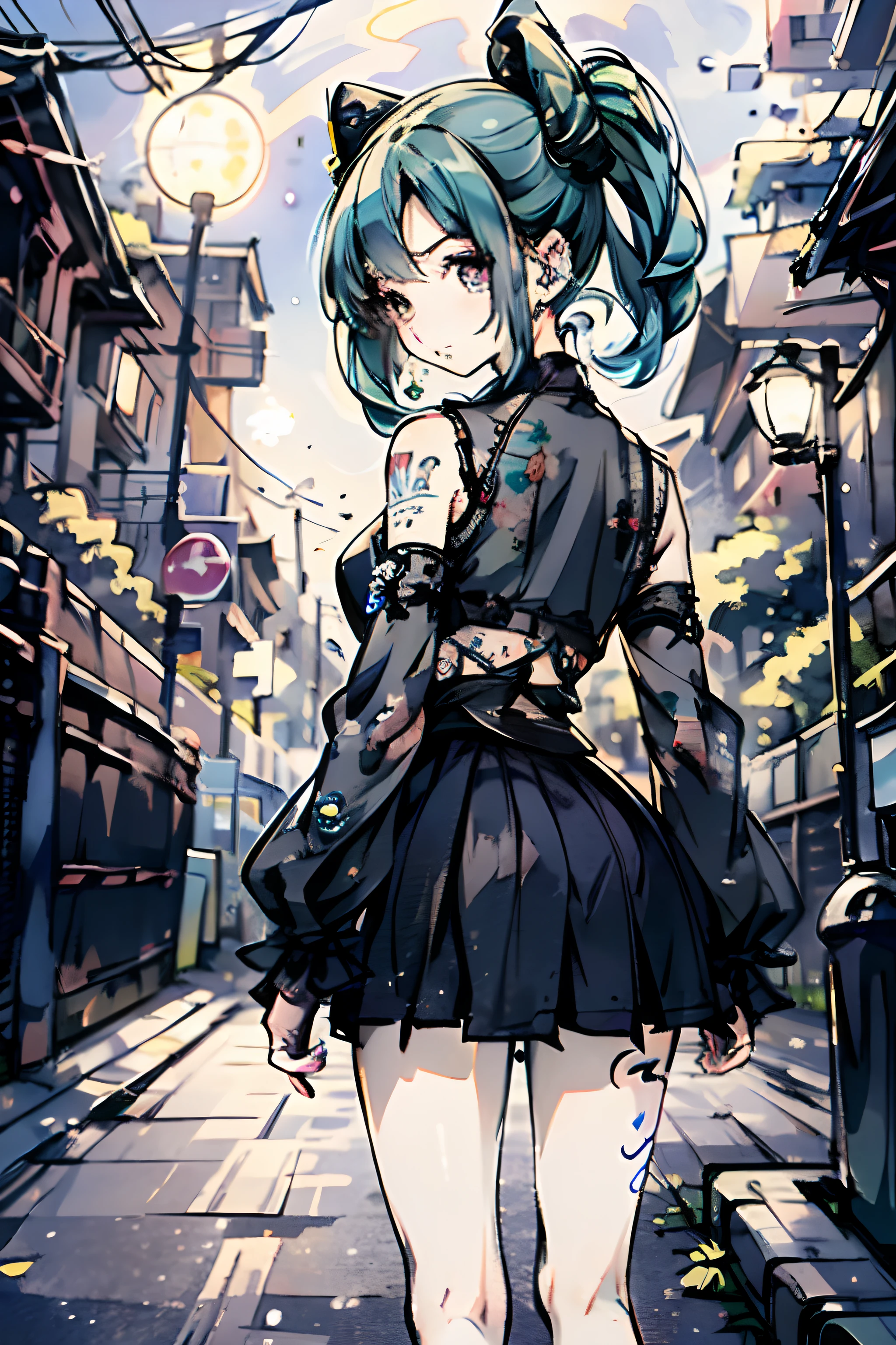 Standing、Full Body Angle、hair adornments、piercings、The tattoo、goth_punk, 1girl in, 独奏,、top-quality, Photorealistic, An ultra-fine illustrations, beautiful attractive anime girl, miku hatsune, Slender body, Tied hair, one girls, a photo of girl, Full body shot, Beautiful blue eyes, Turned,耳Nipple Ring、hair adornments、jewely、miku hatsune、(((blurry backround:1.2、plein air、huge moon、starrysky、Black lighting、)))