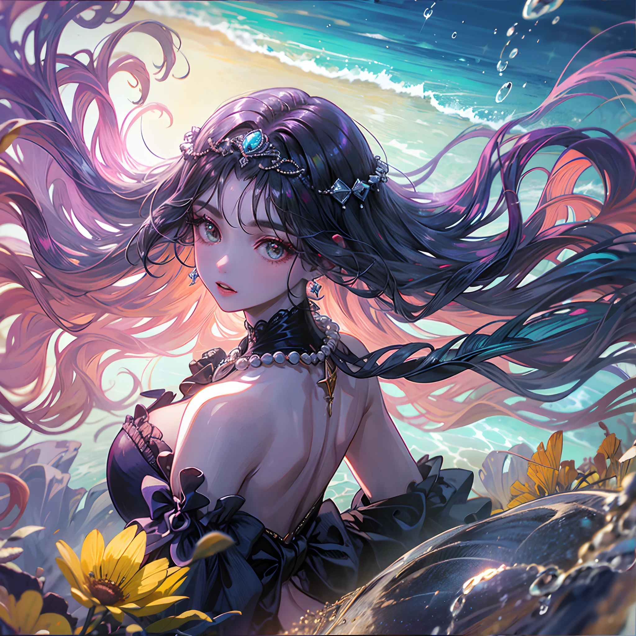 melhor qualidade, high resolution, (super detalhado), 1 girl, sozinho, maduro, sereia (extremely long and braided black hair), Head Accessories, brincos, pearls necklace, elegante, Holy, Colouring, Maior detalhe, underwater, Floating and messy hair in the sea, flor, back, sereia preta da cauda, humana do corpo superior, sereia bonita, sereia sedutora, sereia nadando de baixo do mar, mar brilhante, sereia maldoza, Sereia do mal, A mulher mais bonita, rosto perfeito, cintura fina, cauda de peixe, cauda da parte de baixo do corpo, mulher peixe