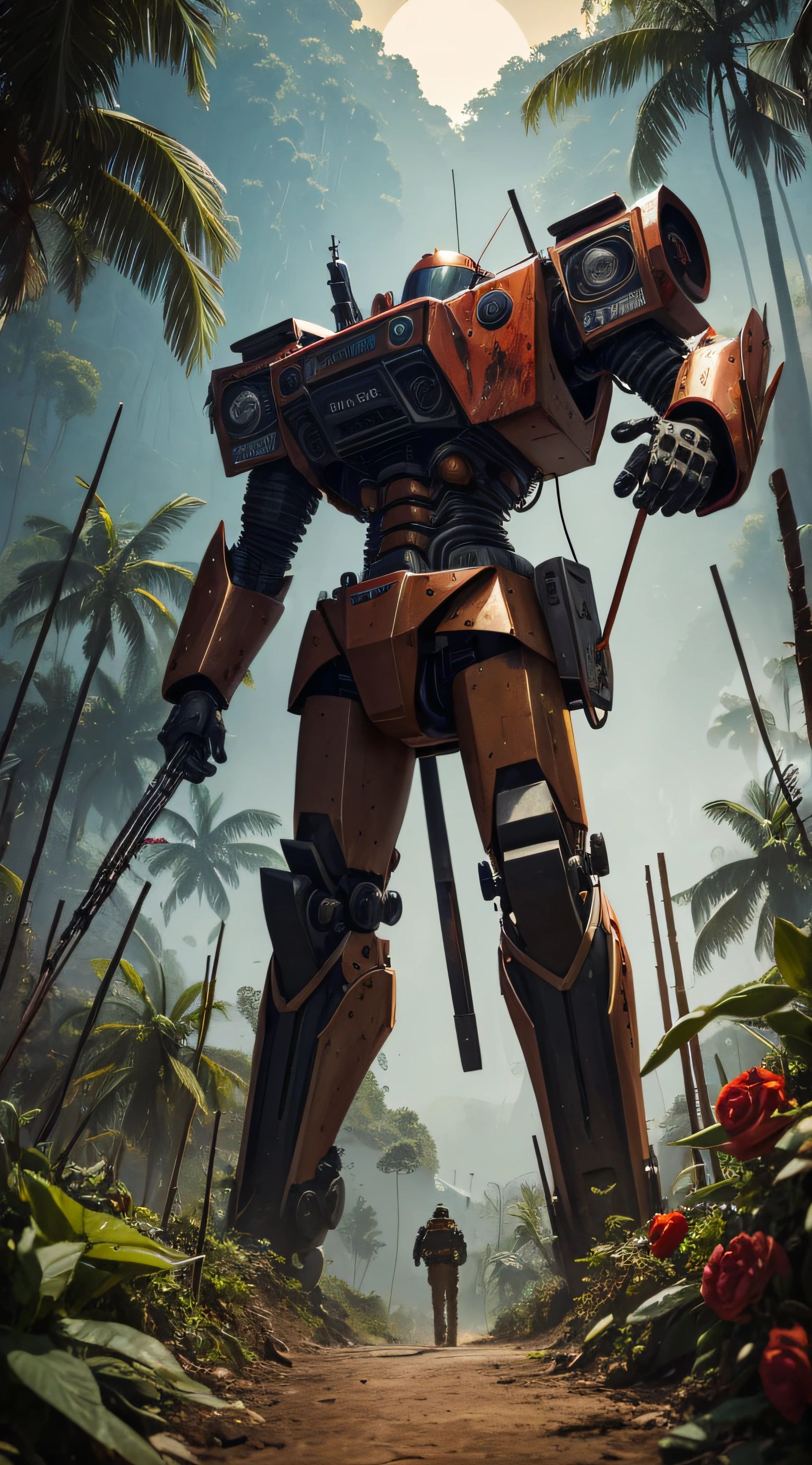 (extremadamente detallado, obra maestra, La mejor calidad, foto antigua, principios de siglo, VHS Aesthetics) Great retro robot with blood in robotic hands. Armas grandes, cannons on his back. motosierras. In the middle of a strange jungle. Vegetables from another dimension. Epic flowers far away, organic trees with meat. Luz noche.