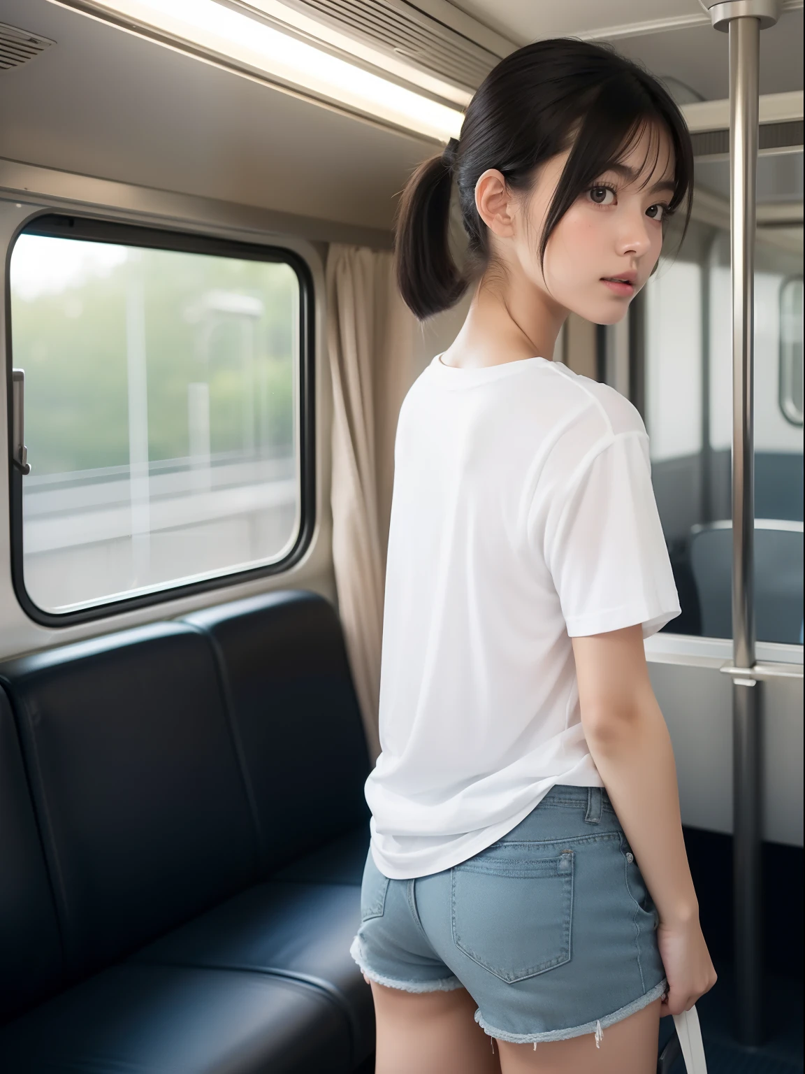 ((Woman taking off her panties on the train))、Super huge 、View your audience、((Japanese people々))、((White off-the-shoulder knit mini dress))、(Her skirt is rolled up)、Grin、(Black-haired)、Bowl cut hairstyle and round bangs frame glasses、Great style、beautiful girl1people々、(Trying to pull down her panties、Fingers are inside the panties)、Fair skin、cute、Embarrassing、A faint smile、Super beautiful people々、Inverted up、((Delicate photo)),(Detailed RAW photos of girls), (Tabletop:1.25), (Highest quality:1.6), (Ultra-high resolution:1.5), (Realistic:1.75), 8K resolution, Canon EOS R5, 50mm, absurdes, Super detailed,Cinema Lighting,(I look down and cry)、Dripping skin、(((Blushed)))、View your audience、Woman grabbing her panties、was scary、Sweaty、Detailed white panties、Detailed fingers、Correct finger、Correct limbs、Correct limbs、Pay attention to the butt、Shooting from below、