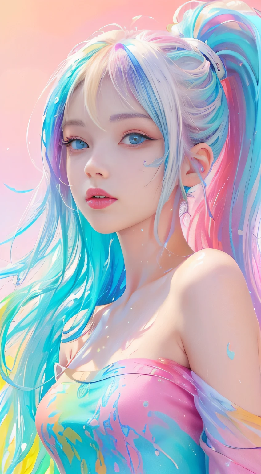 (Pink Fashion T-shirt:1.9),(Colorful hair: 1.8), (all the colours of the rainbow: 1.8),(((((vertical painting:1.6))), (painting:1.6),front, comics, illustrations, paintings, large eyes, crystal clear eyes,( rainbow color gradient high ponytail:1.7), exquisite makeup, closed mouth,(Small Fresh: 1.5),(Wipe Chest: 1.6) ,long eyelashes, white off shoulder T-shirt, White Shoulder Shirt,looking at the audience, large watery eyes, (rainbow colored hair:1.6), color splash, (solo:1.8), color splash, color explosion, thick paint style, messy lines, ((shining)),(colorful), (colorful), (colorful), colorful, Thick Paint Style, (Splash) (Color Splash), Vertical Painting, Upper Body, Paint Splash, Acrylic Pigment, Gradient, Paint, Highest Image Quality, Highest Quality, Masterpiece, Solo, Depth of Field, Face Paint, colorful clothes, (Elegant: 1.2), gorgeous,long hair, wind, (Elegant: 1.3), (Petals: 1.4),(((masterpiece))),(((best quality))),((ultra-detailed)),(illustration),(dynamic angle),((floating)),(paint),((disheveled hair)),(solo),(1girl) , (((detailed anima face))),((beautiful detailed face)),collar,bare shoulders,white hair, ((colorful hair)),((streaked hair)),beautiful detailed eyes,(Gradient color eyes),(((colorful eyes))),(((colorful background))),(((high saturation))),(((surrounded by colorful splashes))),
