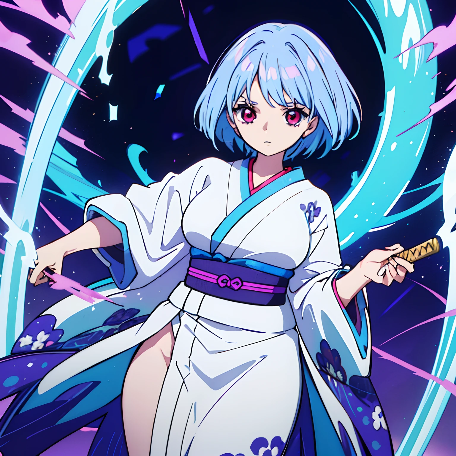 masutepiece, Fine detail, 4K, 8K, 12K, Solo, 1 person, Beautiful Girl, A MILF、Caucasian Woman, Light blue hair、short-hair、waved hair、Red Eyes、Unclear、、Black kimono、Hold the purple sword、battle posture、Purple effect